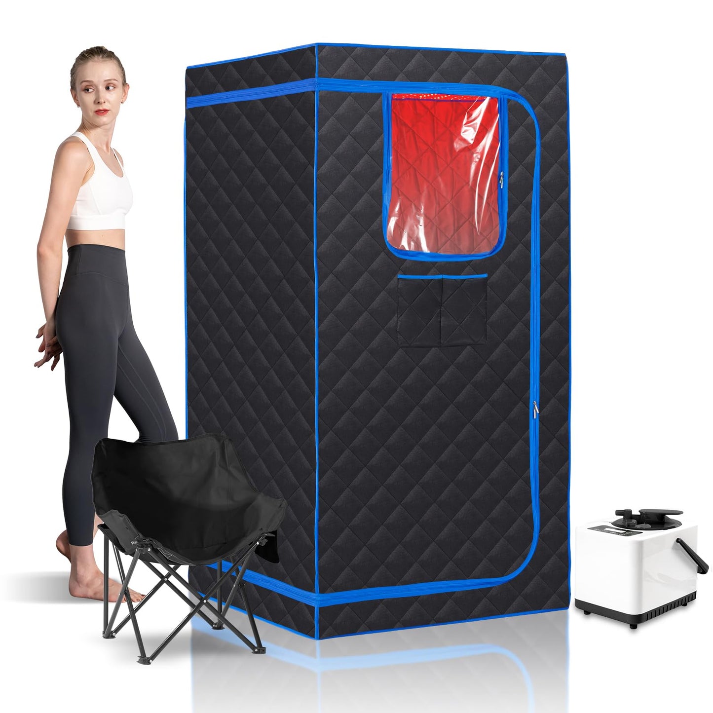 Smartmak Portable Steam Sauna, Full Body Sauna Tent for Home, 1 Person Steam Sauna Box with 660nm Red Light Therapy, 3L&1100W Sauna Steamer, Folding Chair