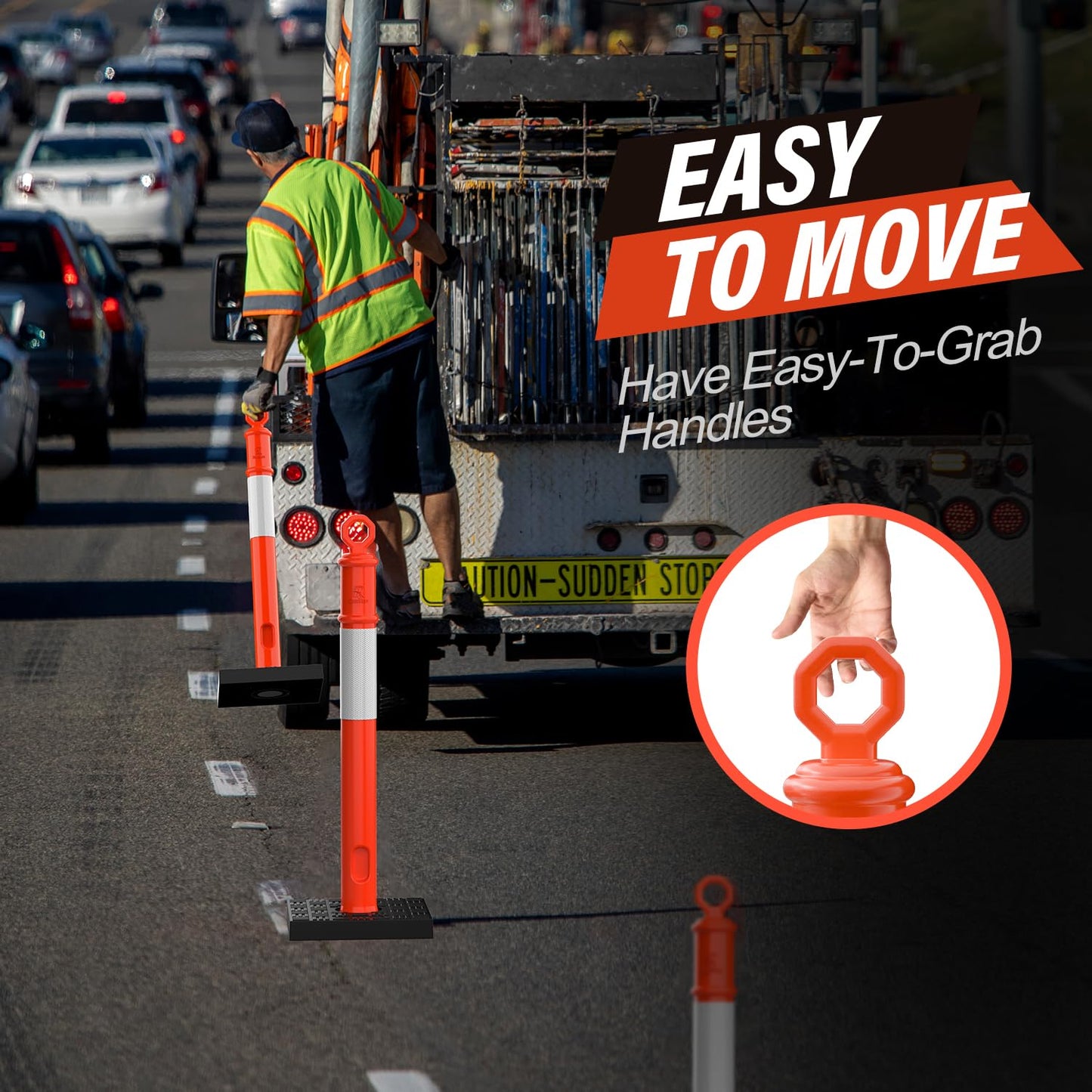 RoadHero 45 Inch Delineator Post with Base, Portable Orange Traffic Delineator Posts Cones with Reflective Collars for Parking Lots, Road Safety, Construction Events 6 Pack