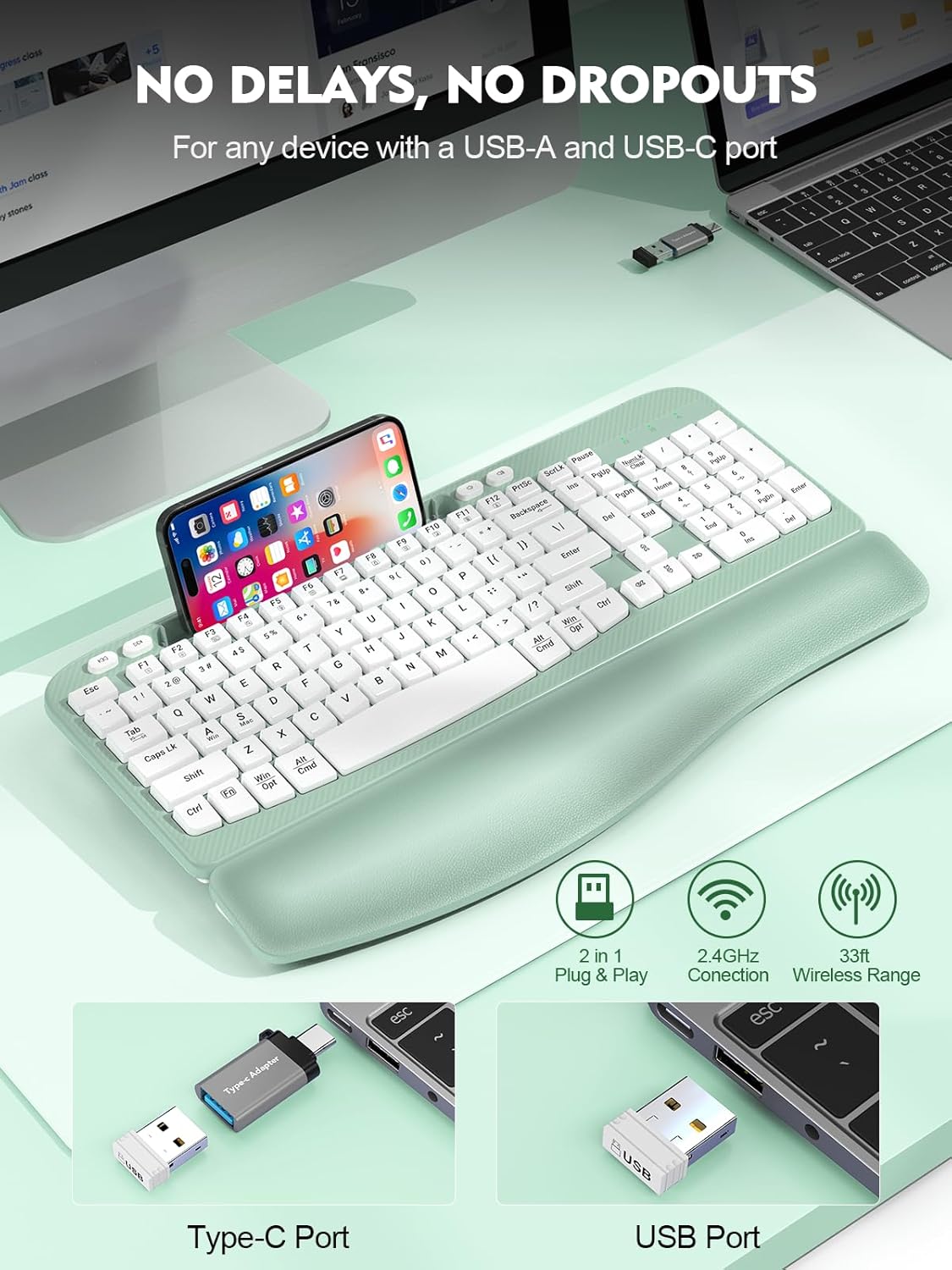 EAYBLLY 2.4GHz Ergonomic Wireless Keyboard with Cushioned Wrist Rest, Wave Keys, Phone Holder, Comfortable Natural