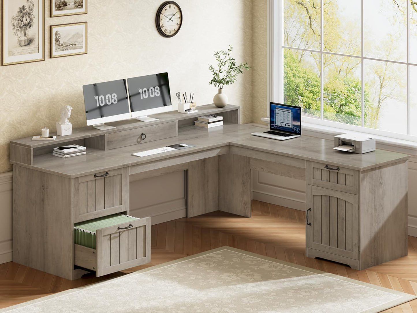 SEDETA 63" L Shaped Desk with Drawers, Farmhouse Corner Computer Desk, Wood Office Desk with File Drawers with Storage, Executive Desk with Monitor Stand and Storage Cabinet, Grey
