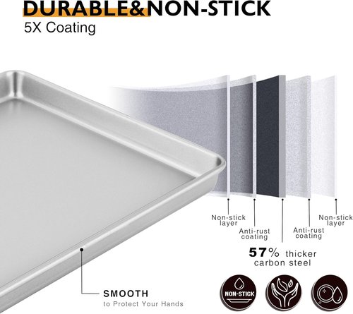 HONGBAKE Half Baking Sheet Pan Set - Nonstick Heavy-Duty Cookie Trays | Dishwasher Safe, Silver, 2-Pack