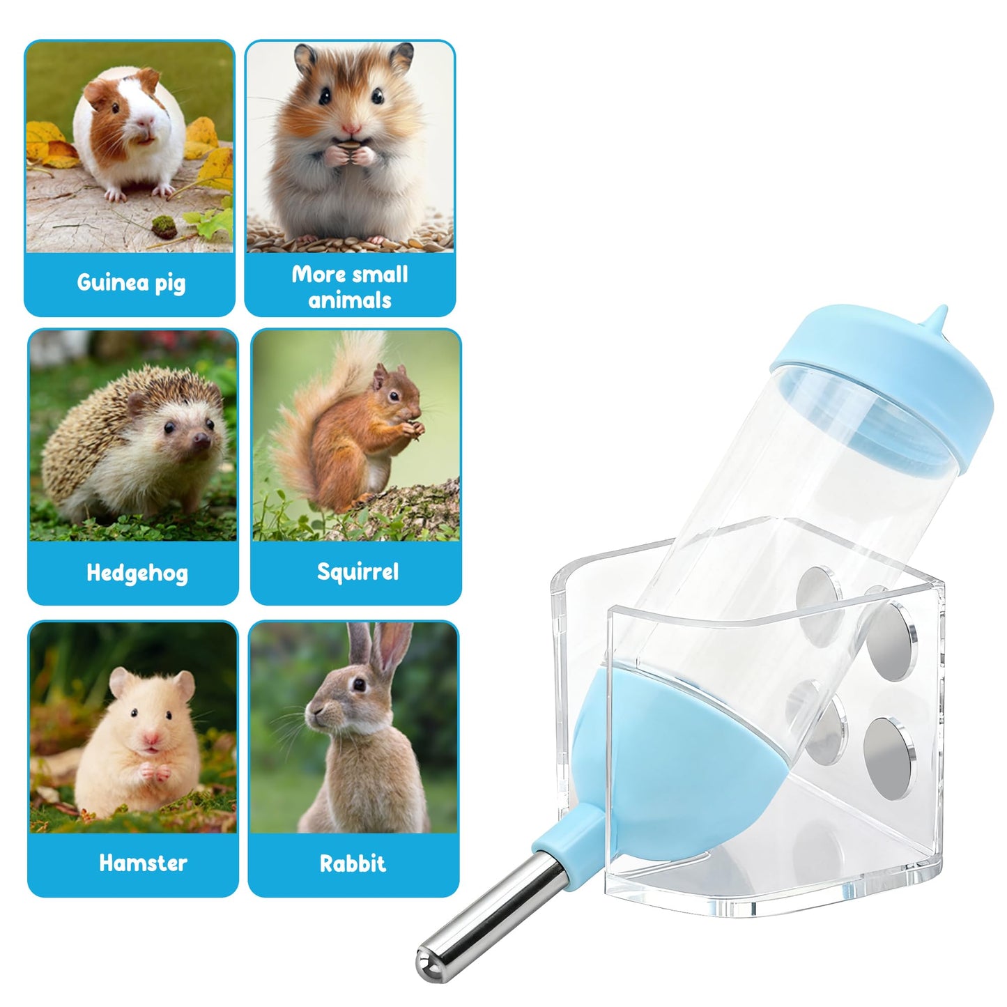Magnetic Hamster Water Bottle Holder with Water Bottle, Adjustable Height Drop-Resistant Stand, Fits Bottles up to 2" Dia, Universal for Small Pets (Hamsters, Gerbils, Mice), Hamster Cage Accessories