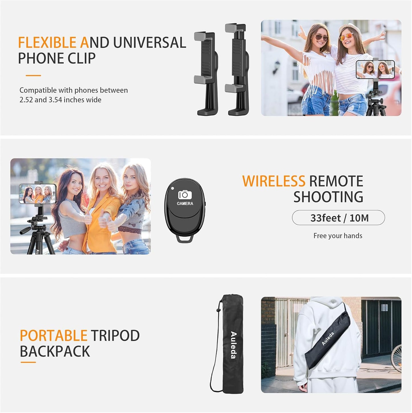 Auleda 71 6.6 LB Camera Tripod Aluminum Tall Tripod Stand Compatible with Canon Nikon with Wireless Remote Phone Holder