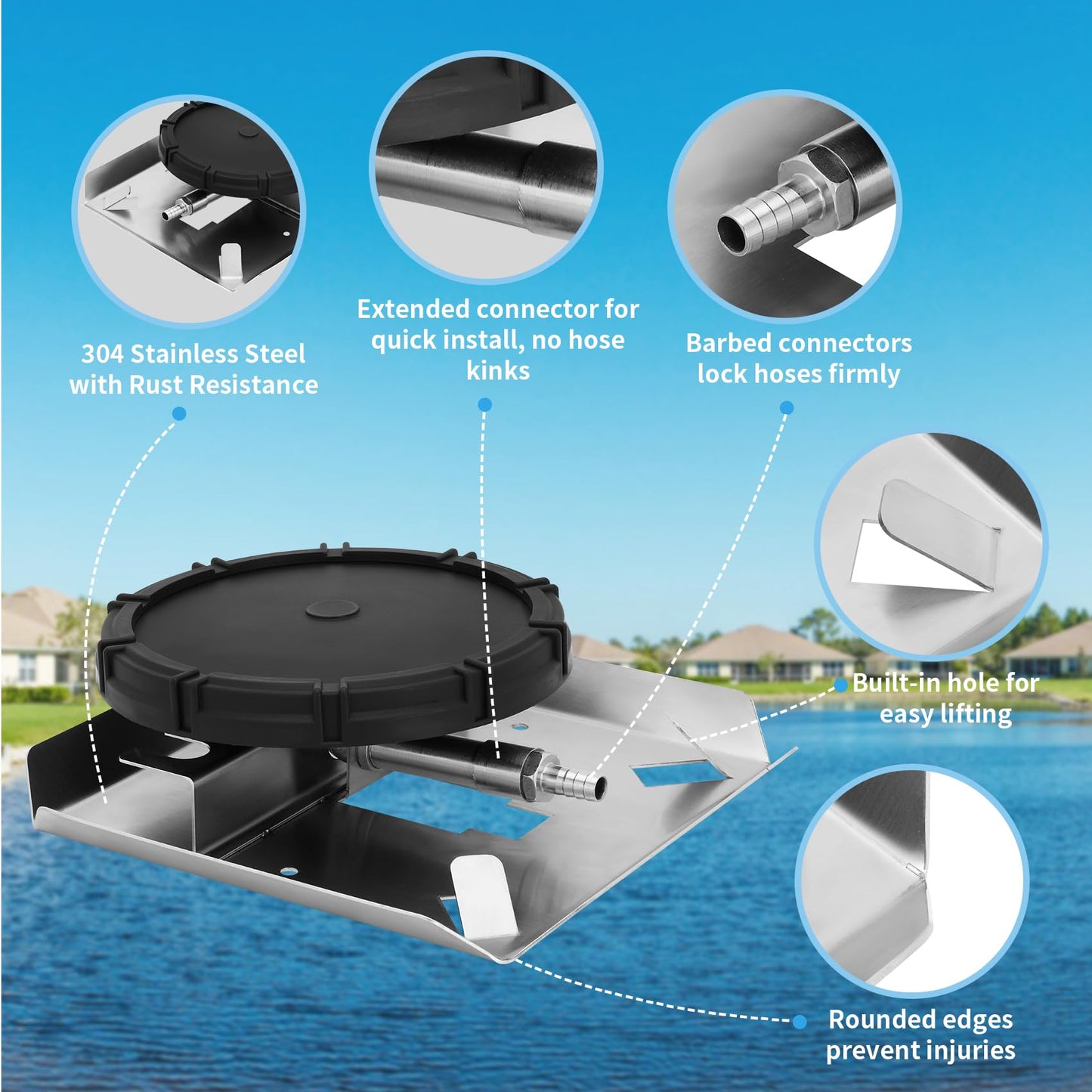 Pond & Lake Aeration Accessories, Self-Weighted Stainless Steel Base, Membrane Diffuser, Stainless Steel Connectors for 3 Hose Sizes, and 3 Sets of Clamps, Ideal for Outdoor Aeration Systems.