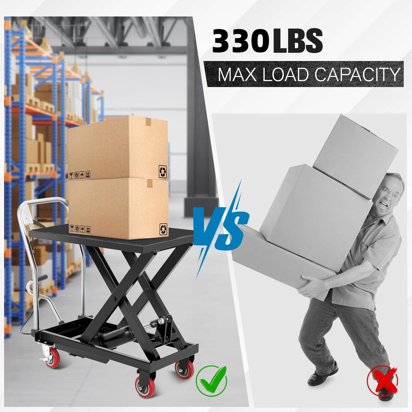 Hydraulic Lift Table Cart, 330lbs Capacity 28.5 in Lifting Height Hydraulic Table Cart, Single Scissor Lift with Non-Slip Pad for Material Handling and Transportation, Black