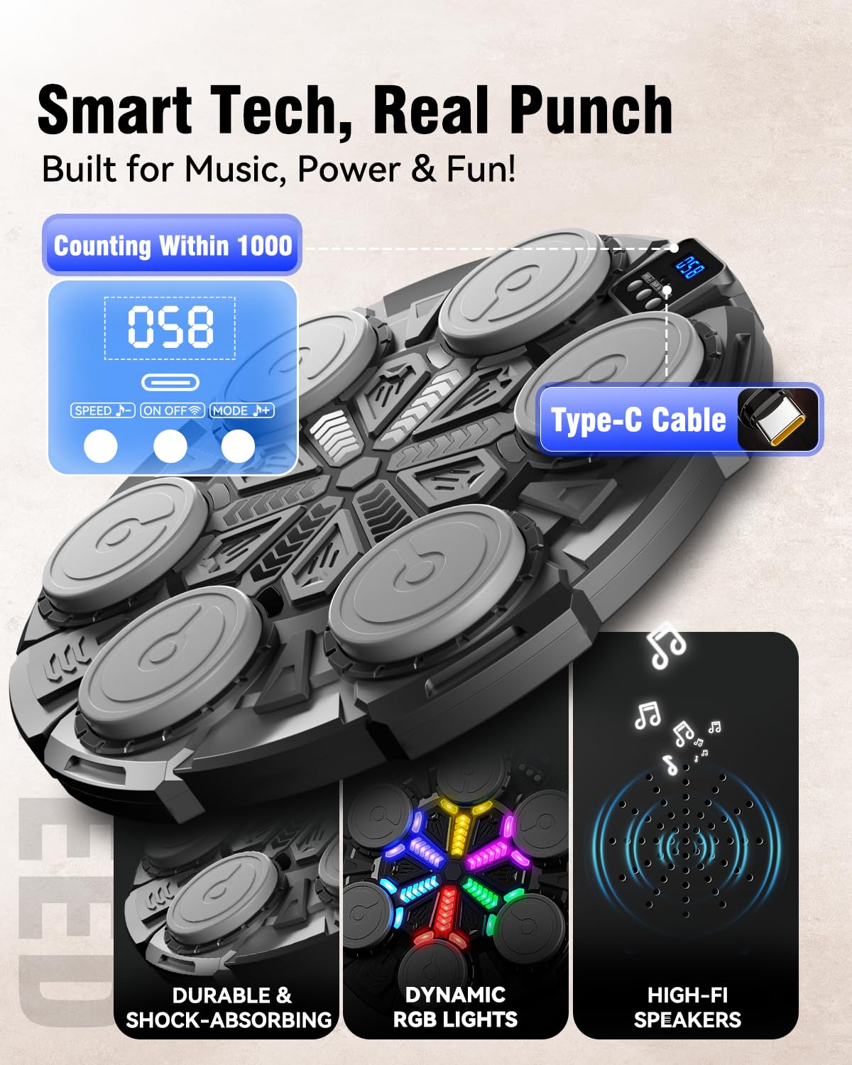 Oppvoci Upgraded Music Punching Machine for Kids and Adults, Wall Boxing Punching Pad with Bluetooth & Rhythm Lights, 3 Speed Modes, Home Fitness Boxing Equipment with Gloves for Boys Girls Teenagers
