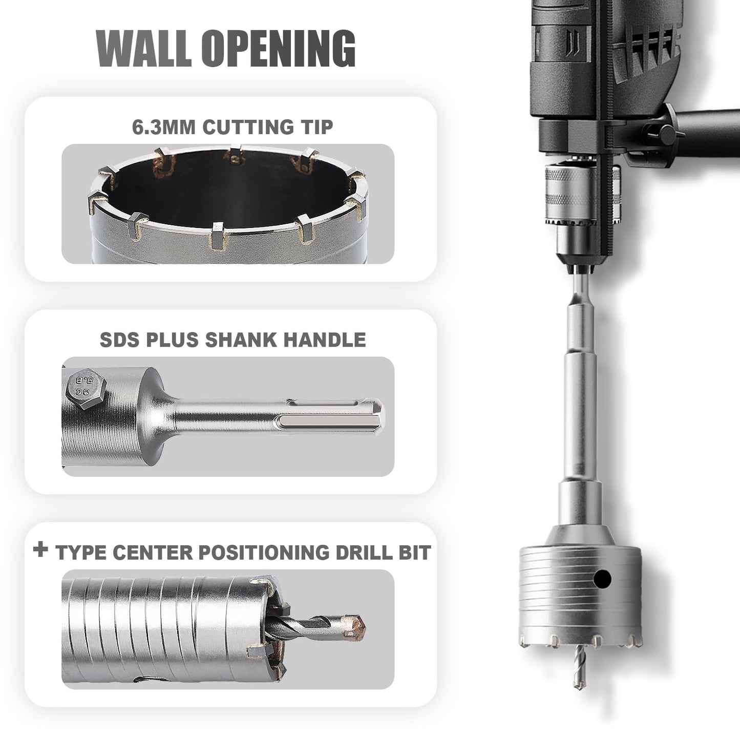 GRIXLEN 2.5 inch / 65mm Concrete Hole Saw with SDS Plus Shank Connecting Rod, 6.3mm Tungsten Carbide Tip for Concrete, Cement, Brick Wall