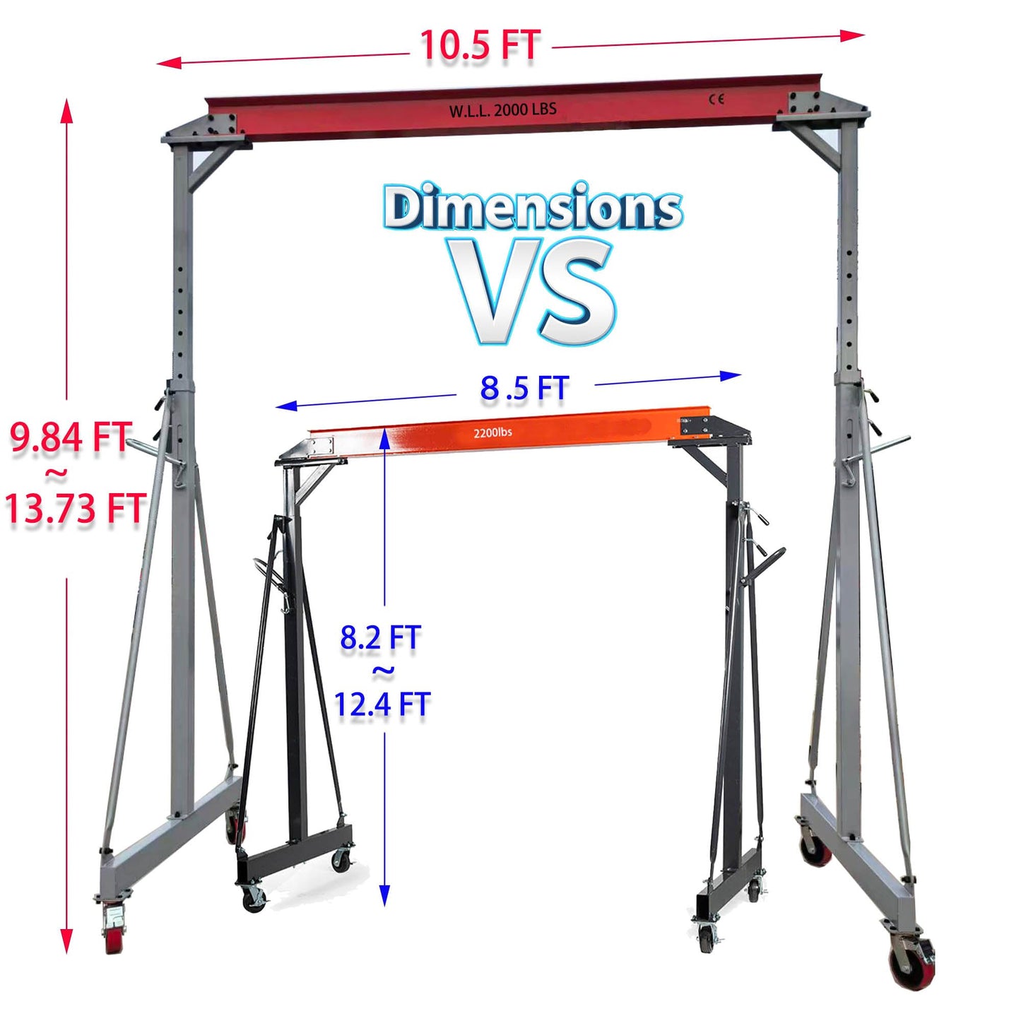 Extra-Large Size Adjustable Gantry Crane 4000 LB, Width 10.5 FT, Height Adjustable 9.84 FT~ 10 FT~ 12 FT ~ 13.78 FT, Portable Crane 2T with Chain Hoist, Trolley and Rigging Kit (4000 LBS)