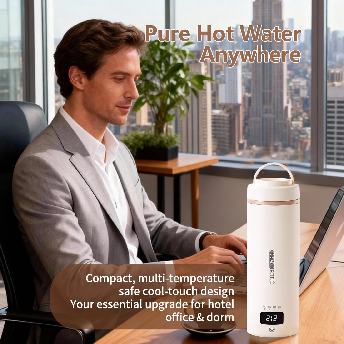 Portable Travel Electric Kettle | 4 Adjustable Temperature | Small Compact Water Boiler for Tea, Coffee | 304 Stainless Steel | Automatic Shut-off | 16oz