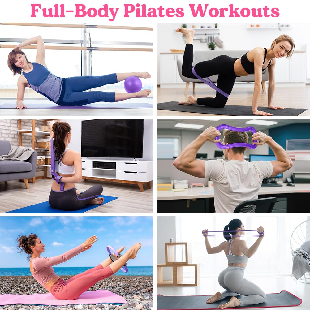 Karltion Pilates Ring 13 Piece Set,Pilates Kit for Women Exercise Equipment Accessories Deformation Magic Circle with Padded Handles, Workouts Ball, Guide & Bag, Resistance Bands for Legs Arms-Purple
