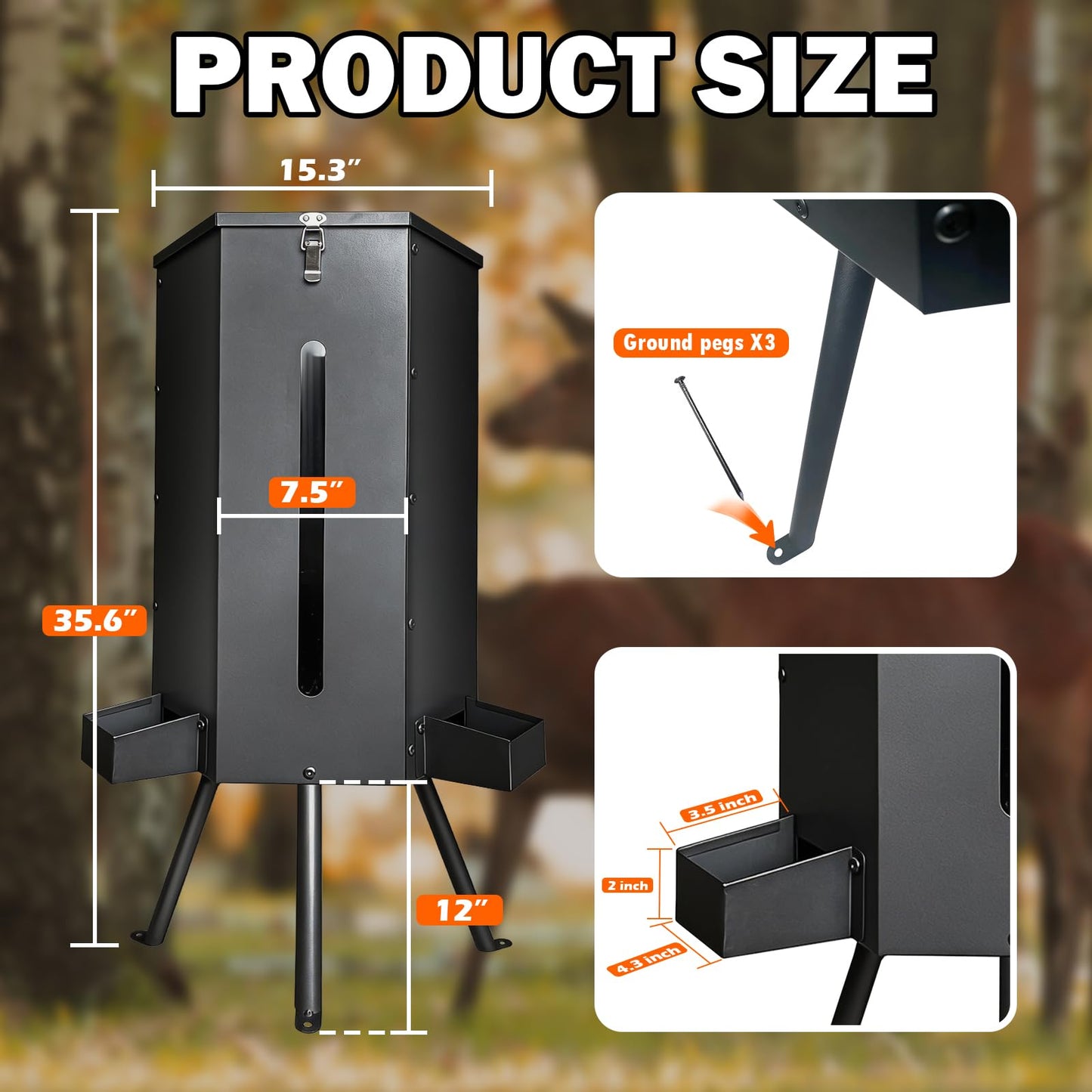 LAJIAOZ 80 lbs Galvanized Steel Gravity Deer Feeder - 14 Gallon Weatherproof Wildlife Game Feeder, 3-Leg Tripod Stand with 3 Feeding Trays, Metal Corn Dispenser for Goats, Turkeys, Livestock