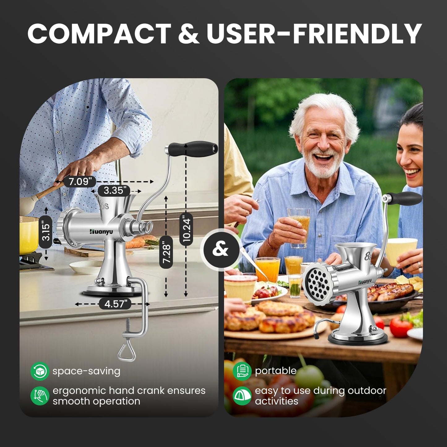 Huanyu Manual Meat Grinder - Heavy Duty Stainless Steel, Effortless Hand Crank for Fresh Ground Beef, Sausages & Pet Food - Compact, Dishwasher Safe - Perfect for Home Restaurant & Outdoor