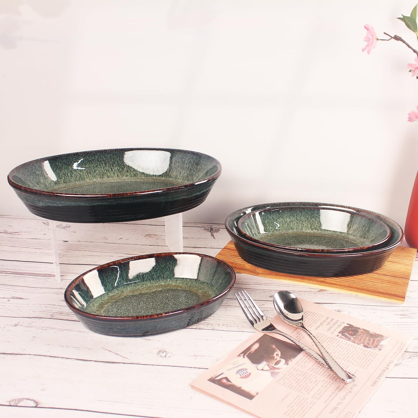 LIUYWYHCF Oval 9.5 x 7 Inch Ceramic Pie Pan Quiche Baking Dish Set of 2, 22 Ounces Non-Stick Pie Dish Quiche Pan, Tart, Pot Pies, Dessert, Pie Plate for Apple, Oven, Dishwasher and Microwave Safe