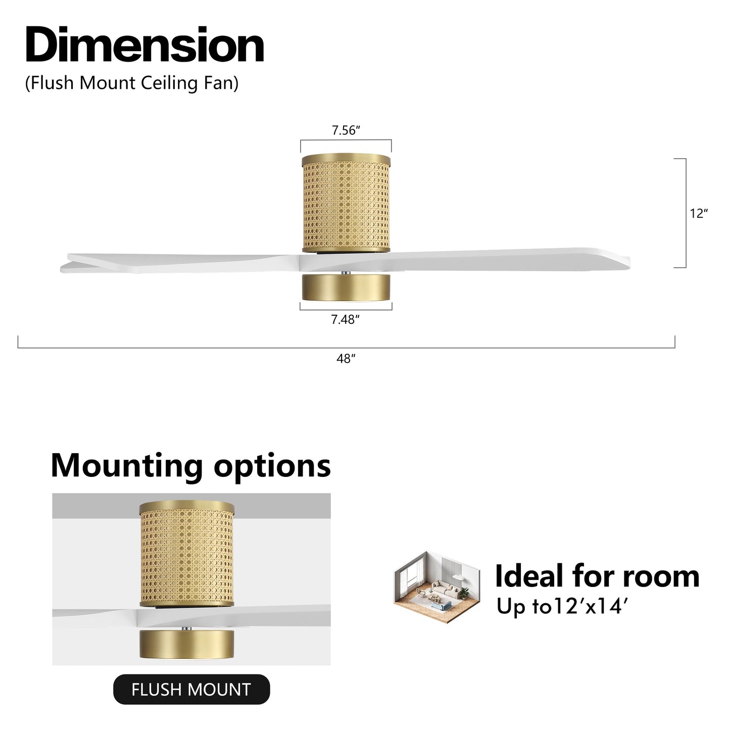WINGBO 48 Inch Flush Mount Rattan Ceiling Fan, 3CCT Dimmable Light, 5 Carved Wood Blades, 6-Speed Reversible DC Motor, Modern Ceiling Fans for Indoor, Aged Brass Finish and White Blades