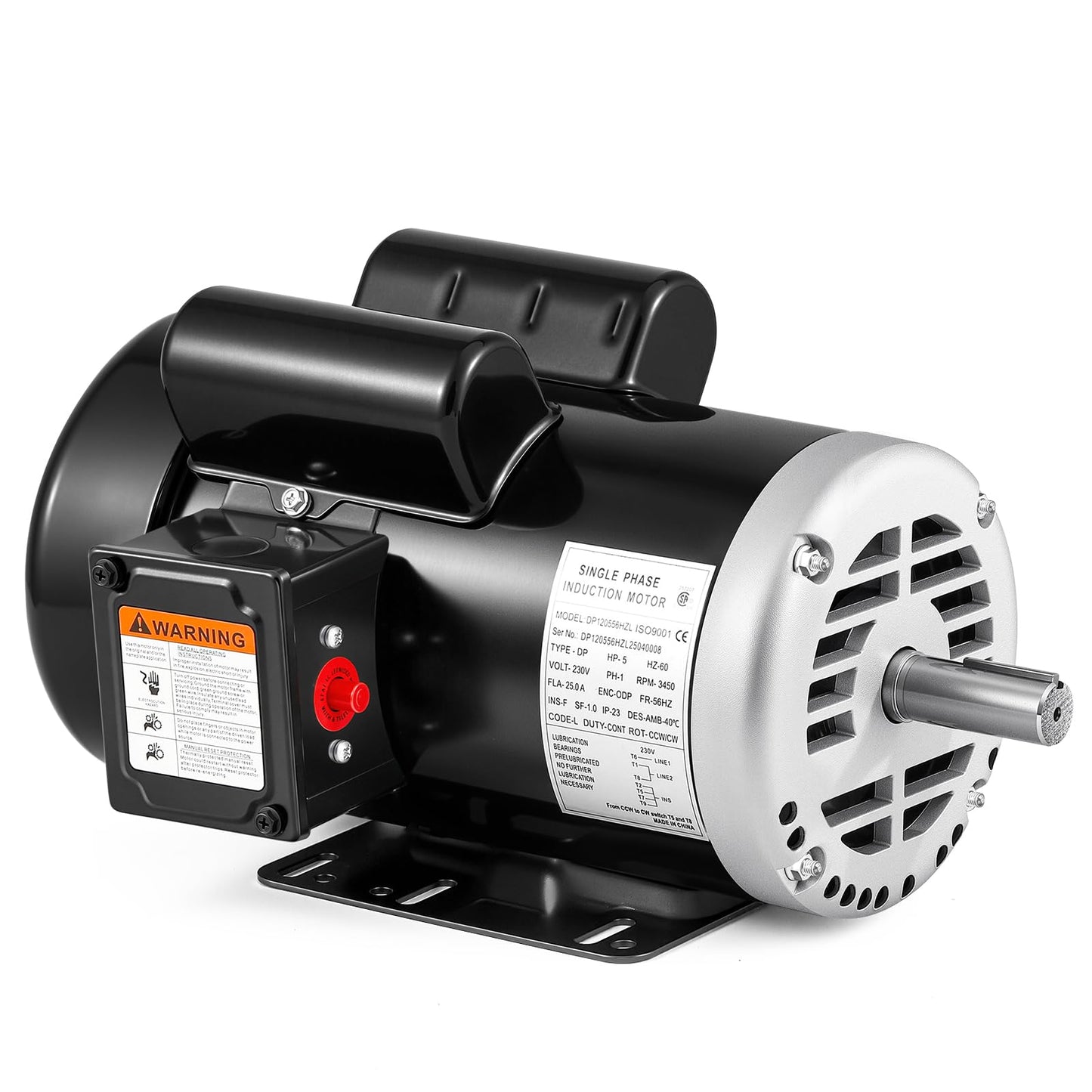 Bonvoisin 5HP Air Compressor Motor 56HZ Frame 3450RPM Single Phase Electric Motor, 7/8" Keyed Shaft, 2.25" Shaft Length, CCW/CW Rotation, 230V, 25 Amps