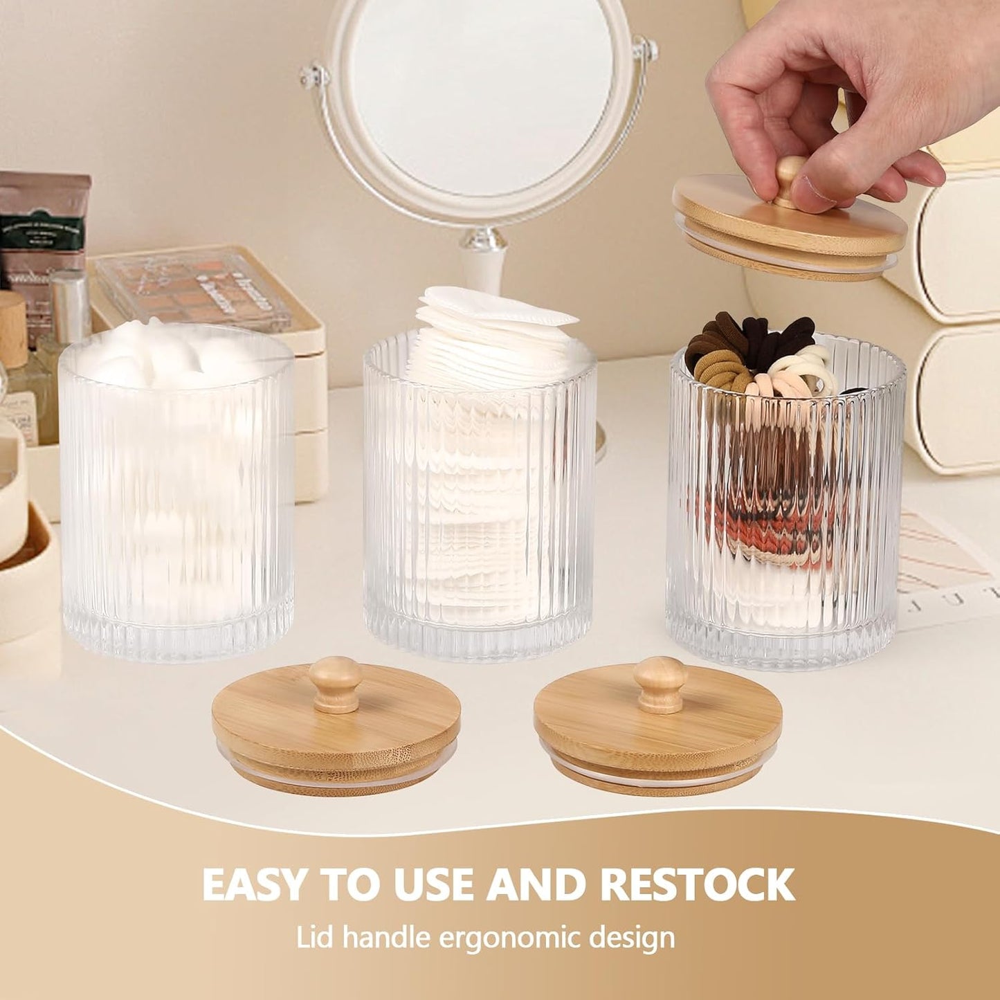 Skiennix 3-Pack Qtip Holder - Stylish Bathroom Organizers with Tray for Cotton Swabs & Balls