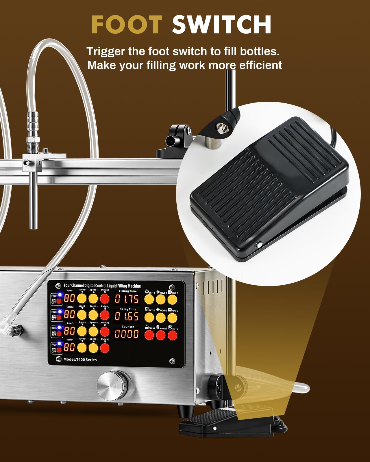 Moonshan 4 Head Thin Liquid Filling Machine 1-100 Fl Oz Bottle Filler Machine with Intelligent Control Ports Diaphragm Pump Digital Control for Wine, Essence, Glass Detergent