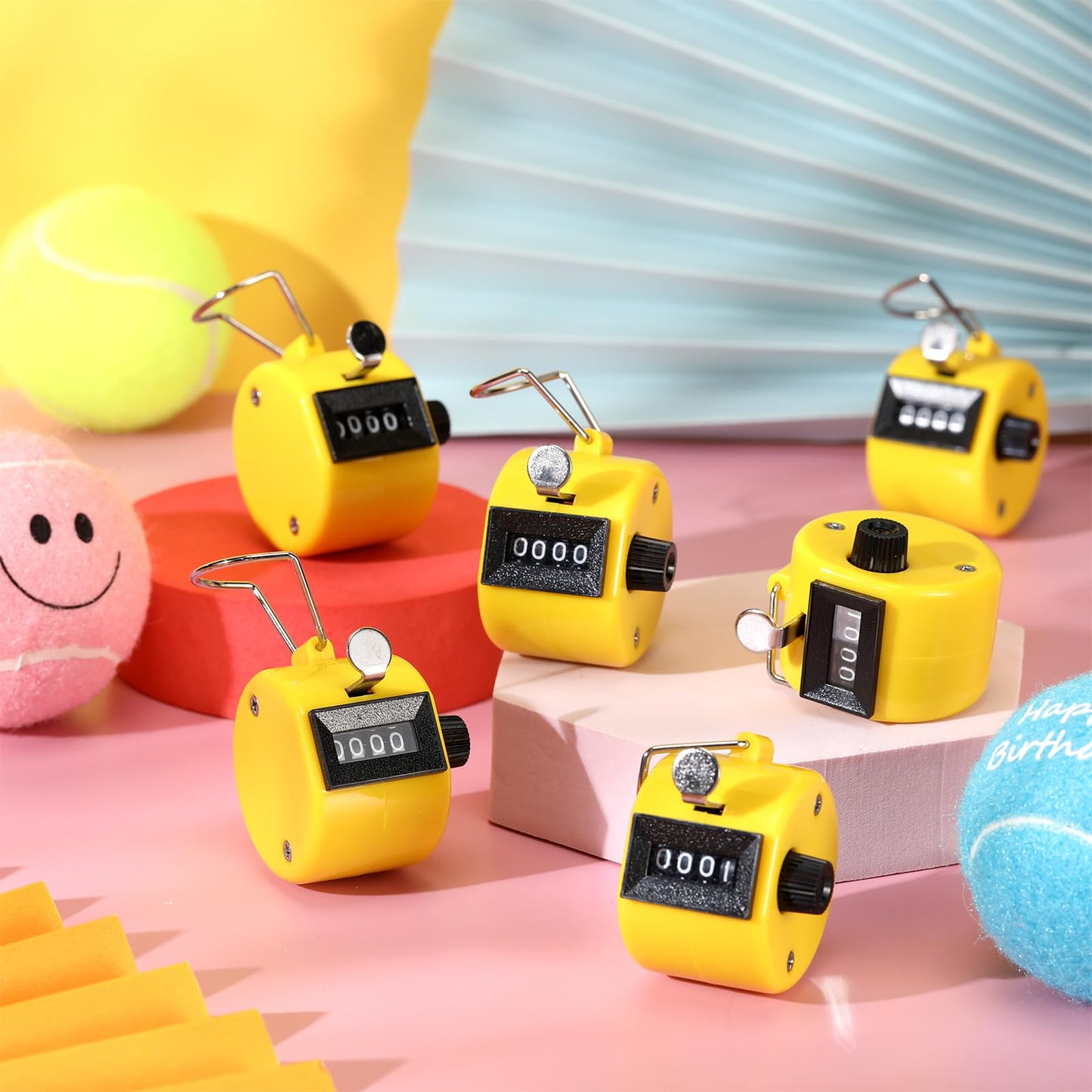 TOODOO 6 Pack Hand Tally Counter 4 Digit Mechanical Palm Clicker Plastic Hand Held Counter Clicker with Metal Finger Ring for School Golf Sports Events Office Stadium(Yellow)