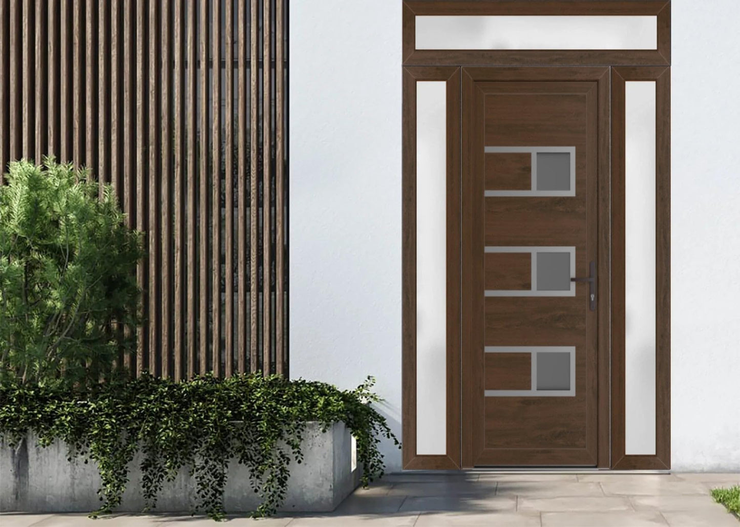 VDOMDOORS Front Exterior Prehung Metal-Plastic Door Frosted Glass | Manux 8933 Walnut | 2 Side, Top Sidelite Transom | Residential Doors Entrance Patio Garage 58 x 94 (W14+30+14 x H80+14)Left-Inswing