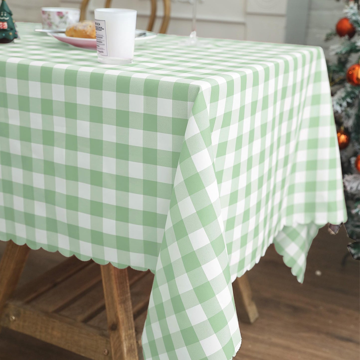 CSFL Checkered Tablecloth Rectangle, Buffalo Plaid Table Cloth Waterproof Gingham Tablecloths, Washable Durable Table Cover for Dining Outdoor Picnic and Party, 87"x 55", Light Green and White