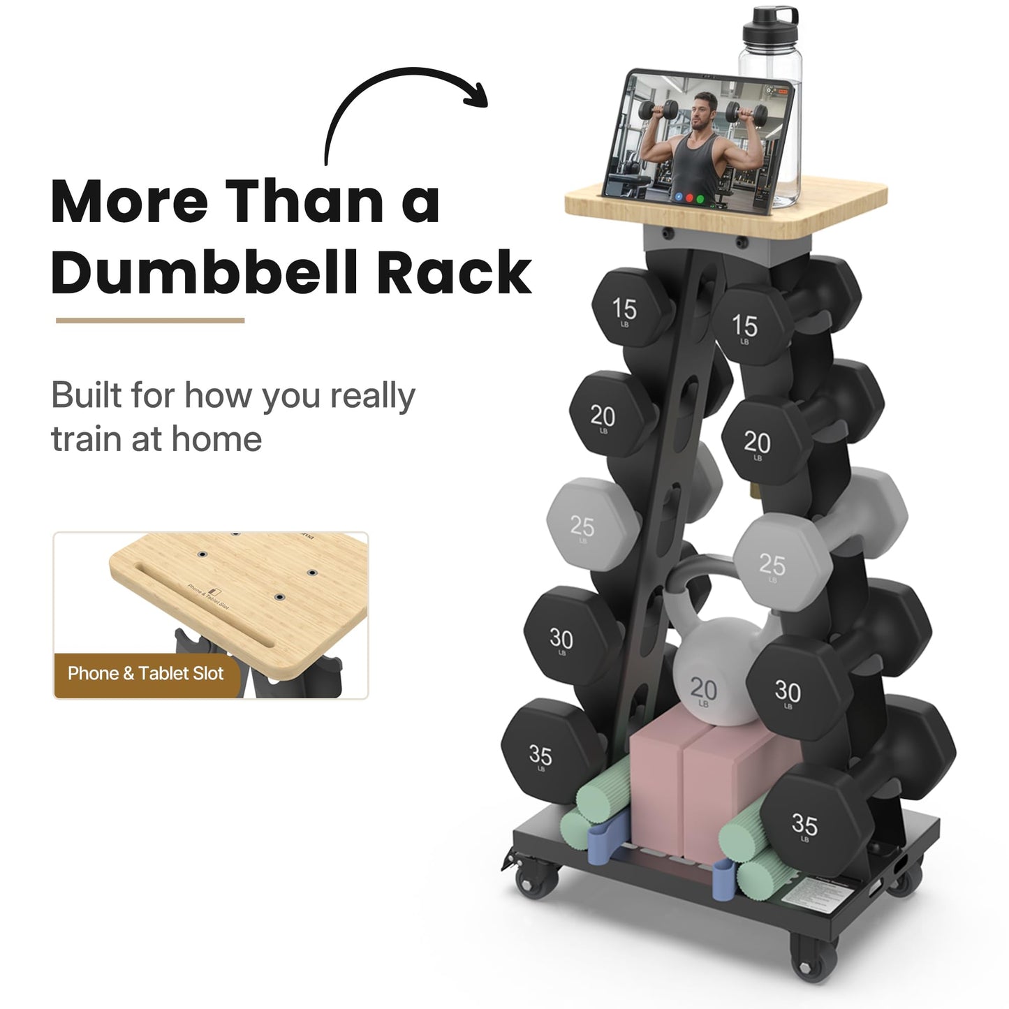 Vertical Dumbbell Rack Stand with Wheels, 5-Tier A-Frame Mobile Weight Storage for Dumbbells, 300LBS Capacity Professional Solid Steel with Training Assist Platform & Bottom Tray, Perfect for Home Gym Fitness Organization (Rack Only)