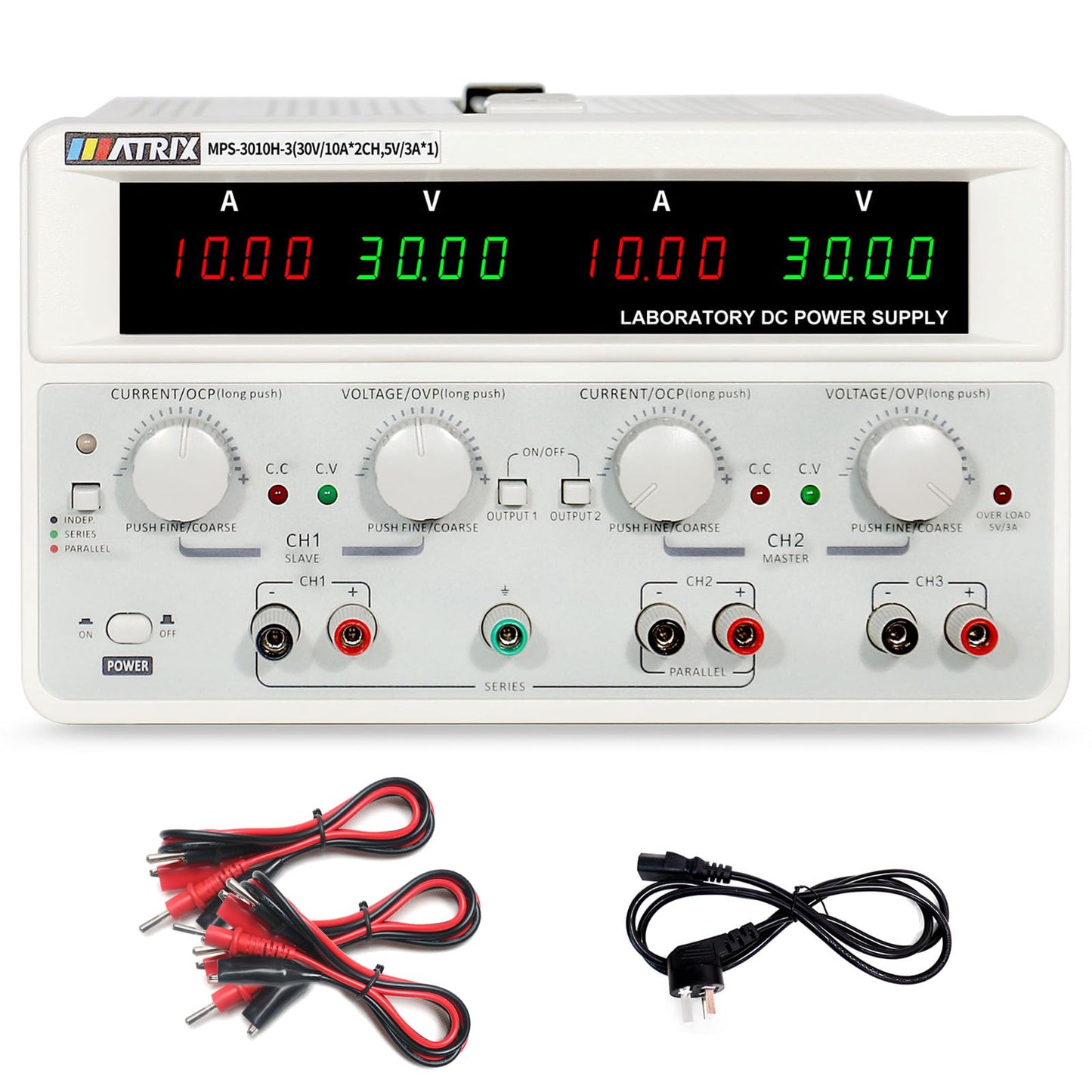 Dc Power Supply Variable 30V 10A, Triple Output Power Supply 615W, MATRIX MPS-3010H-3 Adjustable Linear DC Bench Power Supply 10mV/1mA High Resolution, Voltage/Current Display in Series/Parallel Mode
