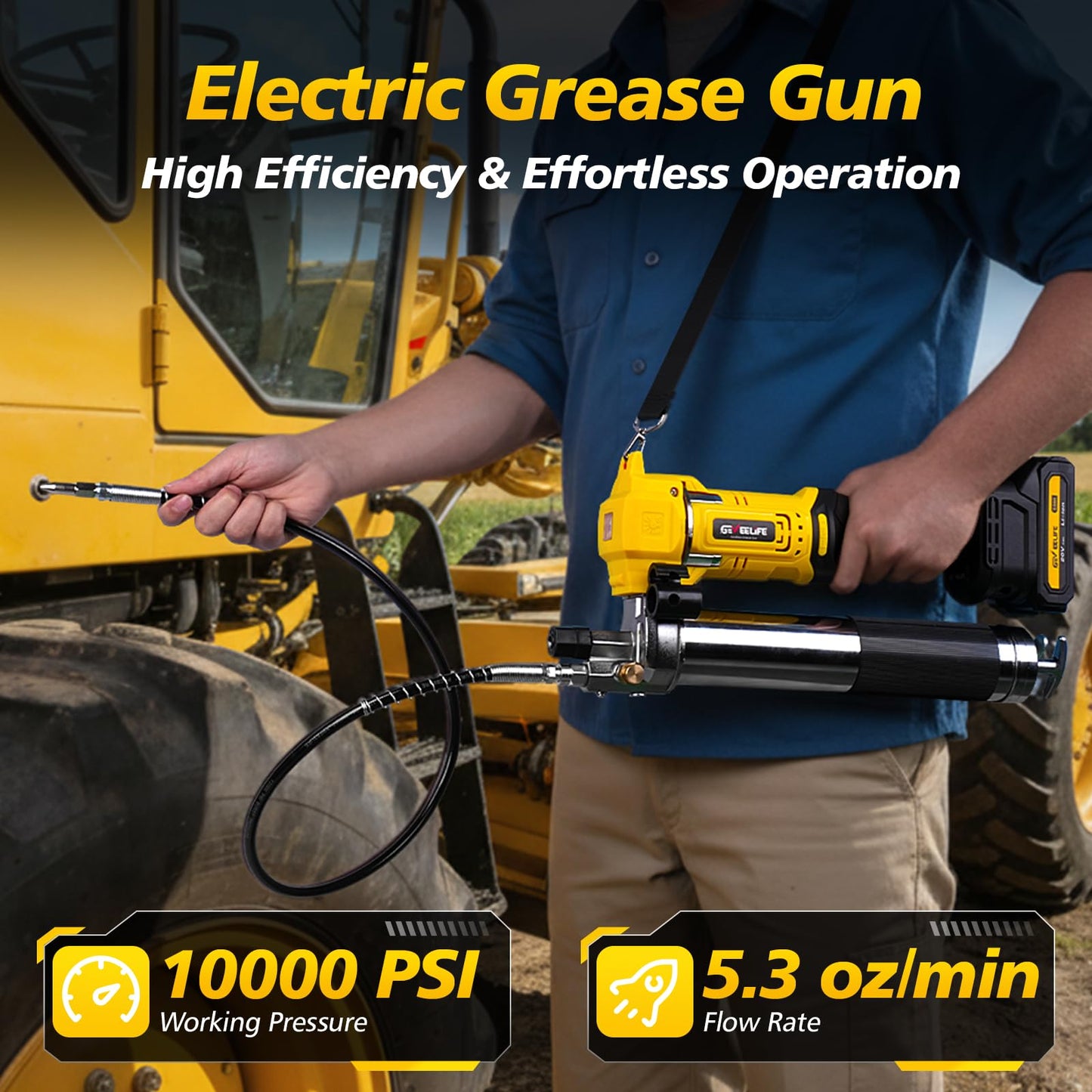 GEVEELIFE Electric Grease Gun - Equipped with 2×2000mAh Batteries, Fast Charger & 90° Swivel Coupler, 10,000 PSI - Works with Bulk & Cartridge Grease for Farm, Truck, Construction