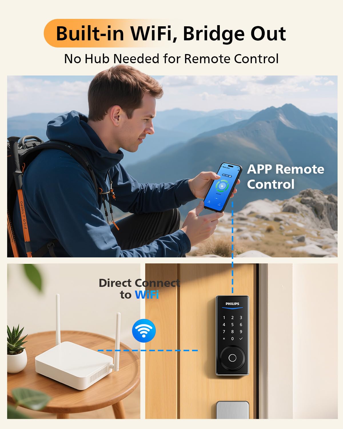 Philips WiFi Smart Lock with Front Door Handle Set, Built-in WiFi, APP Remote & Voice Control, Fingerprint Keyless Entry Door Lock, Keypad Deadbolt Smart Locks for Front Door, Auto-Lock, Satin Nickel