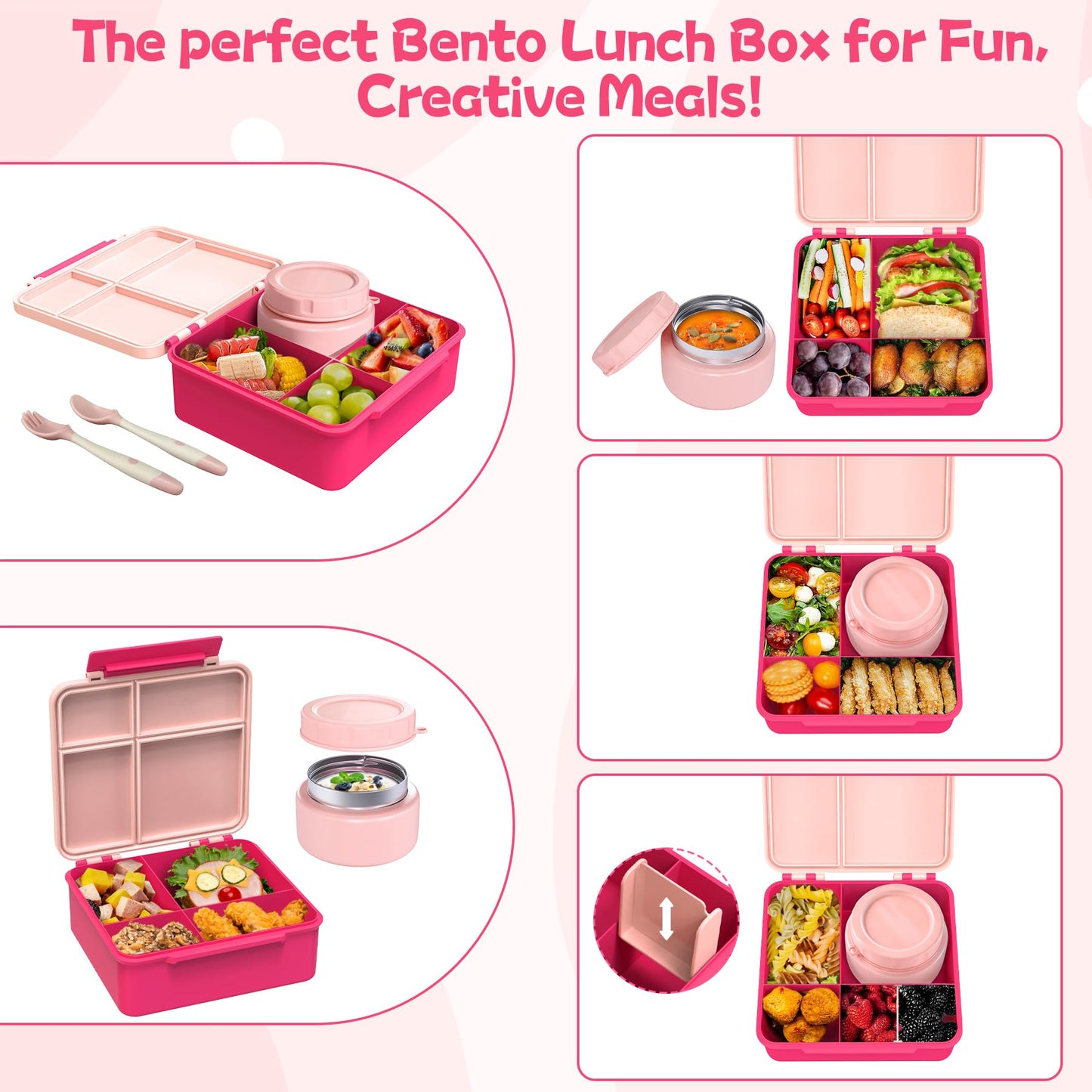 Aimsnk Kids Bento Lunch Box with 8oz Soup Thermo, Kids Leakproof Lunch Food Containers with 4 Compartment,Insulated Hot Food Jar with Lunch Bag for School, Travel (Pink)