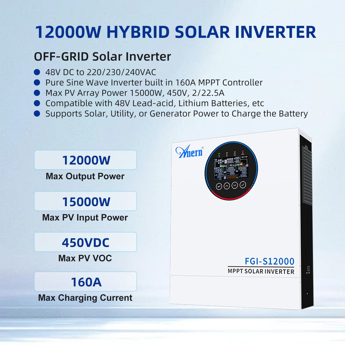 12KW Solar Hybrid Inverter All in One, 48V DC to 220V-230V AC On/Off Grid Pure Sine Wave Solar Inverter with 160A MPPT Charge Controller for Home Appliances, Work with Lead Acid & Lithium Battery