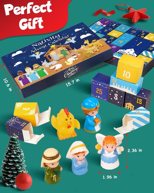 Nativity Advent Calendar 2025 - Christmas Story Playset for Kids | 25-Piece Nativity Scene Set for Ages 1-6+