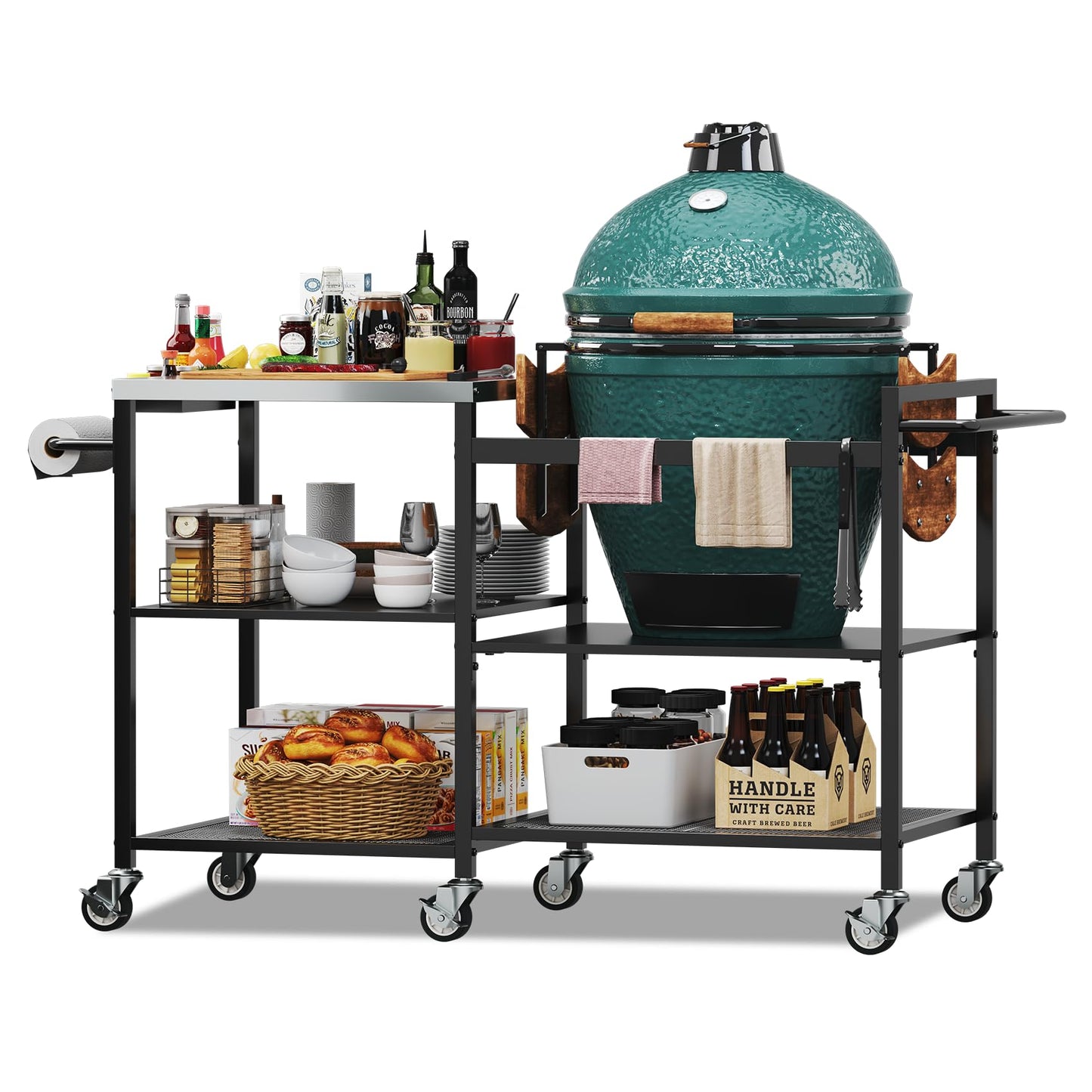 TC-HOMENY Grill Table for Big Green Egg Stand, Metal Cooking Table Stand with Wheels, Heavy Duty Outdoor Movable Style BBQ Grill Cart, Grill Holder Compatible with Large Big Green Egg and Other Models