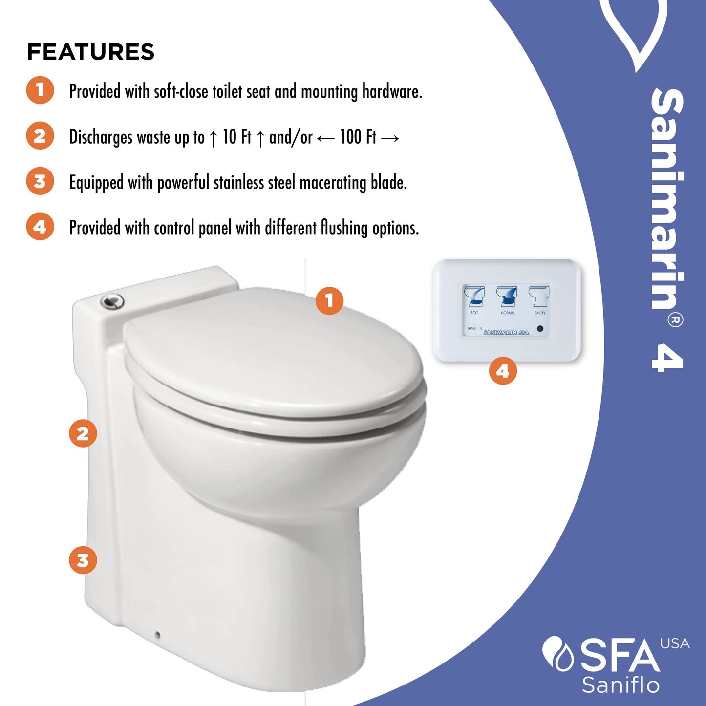 SFA SANIFLO - Sanimarin 4 - Electric Marine Macerating Toilet - Confortable & Standard Height - Stainless Steel Blade - Quiet, 52 dB(A) - Control Panel Included - 12V - Made In France