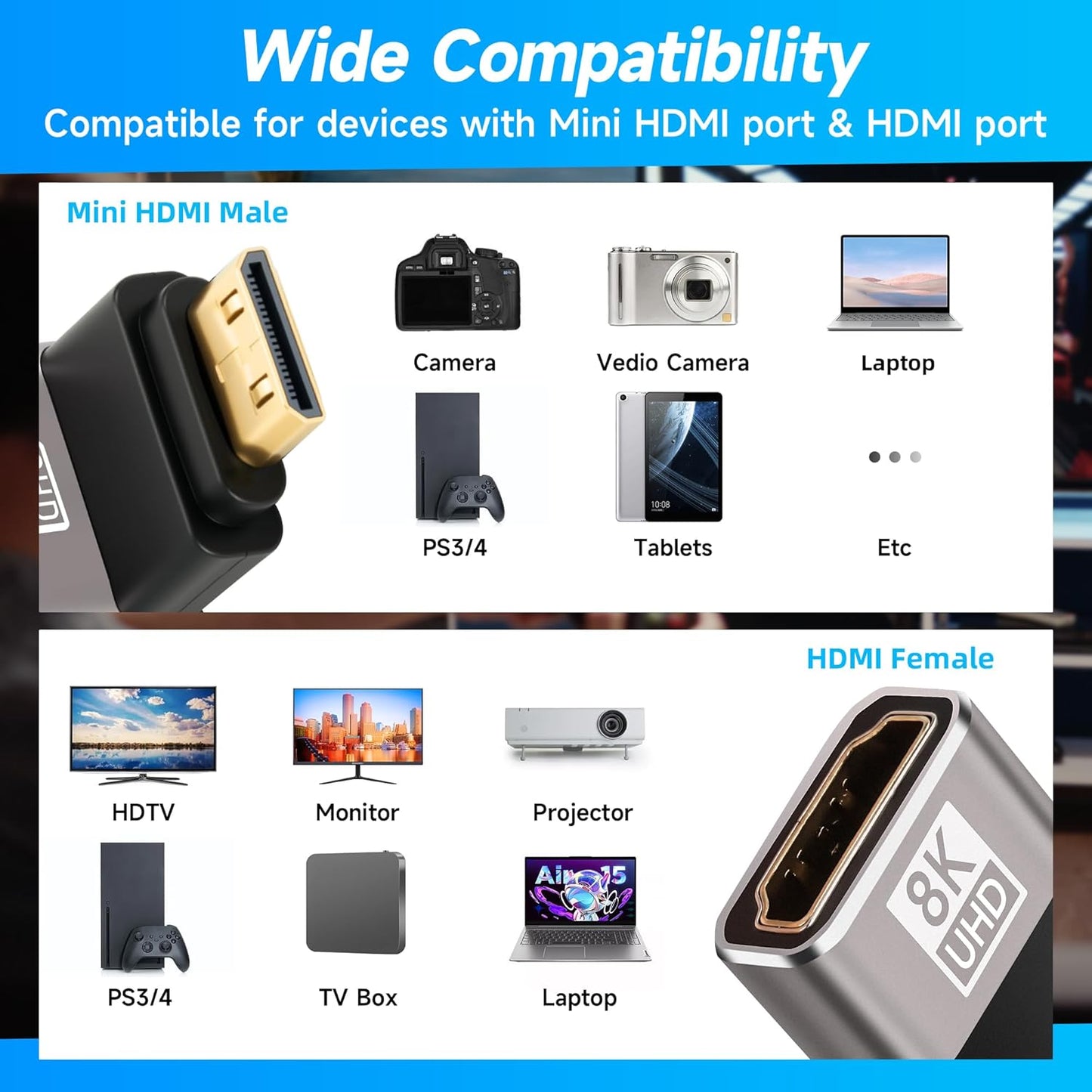 Togconn 90 2 Pack, 8K@60Hz,4K@120Hz Degree Mini HDMI to HDMI Adapter (Up and Down) Right Angle Mini HDMI (Male) to HDMI