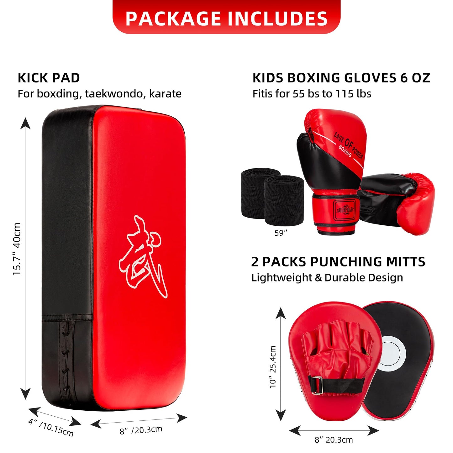 4-in-1 Kids Boxing Pads Gloves Kick Punching Mitts Set, Leather Hand Target Focus Pads, MMA Muay Thai Pads for Kicking Taekwondo Karate Kickboxing, Youth Boxing Training Sparring Gear Equipment