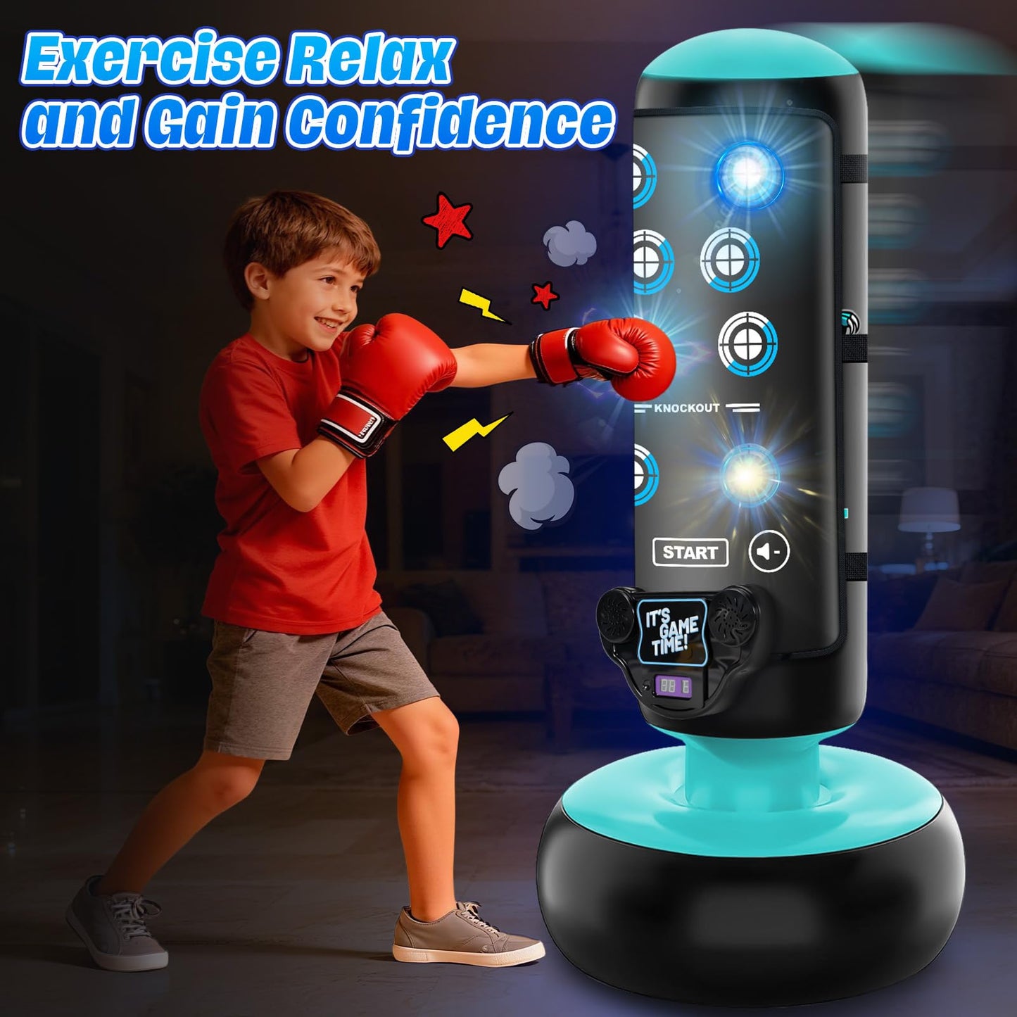 Punching Bag for Kids, 66 Inch Inflatable Boxing Bag with Boxing Gloves, Kid Boxing Set with Scoring, Light, Music, Stand Kids Punching Bag Toy for Age 4-12, for Practicing Karate, Taekwondo, MMA