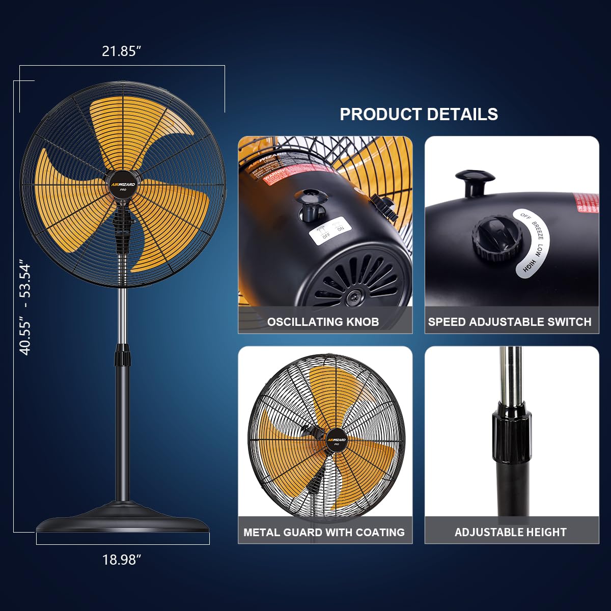AIRWIZARD Pro Series 20 inch Oscillating High Velocity Pedestal Fan, 6000 CFM Industrial Metal Commercial Standing Fan with Aluminum Blades, 3 Speeds, Adjustable Height and Tilt, for Garage, Shop