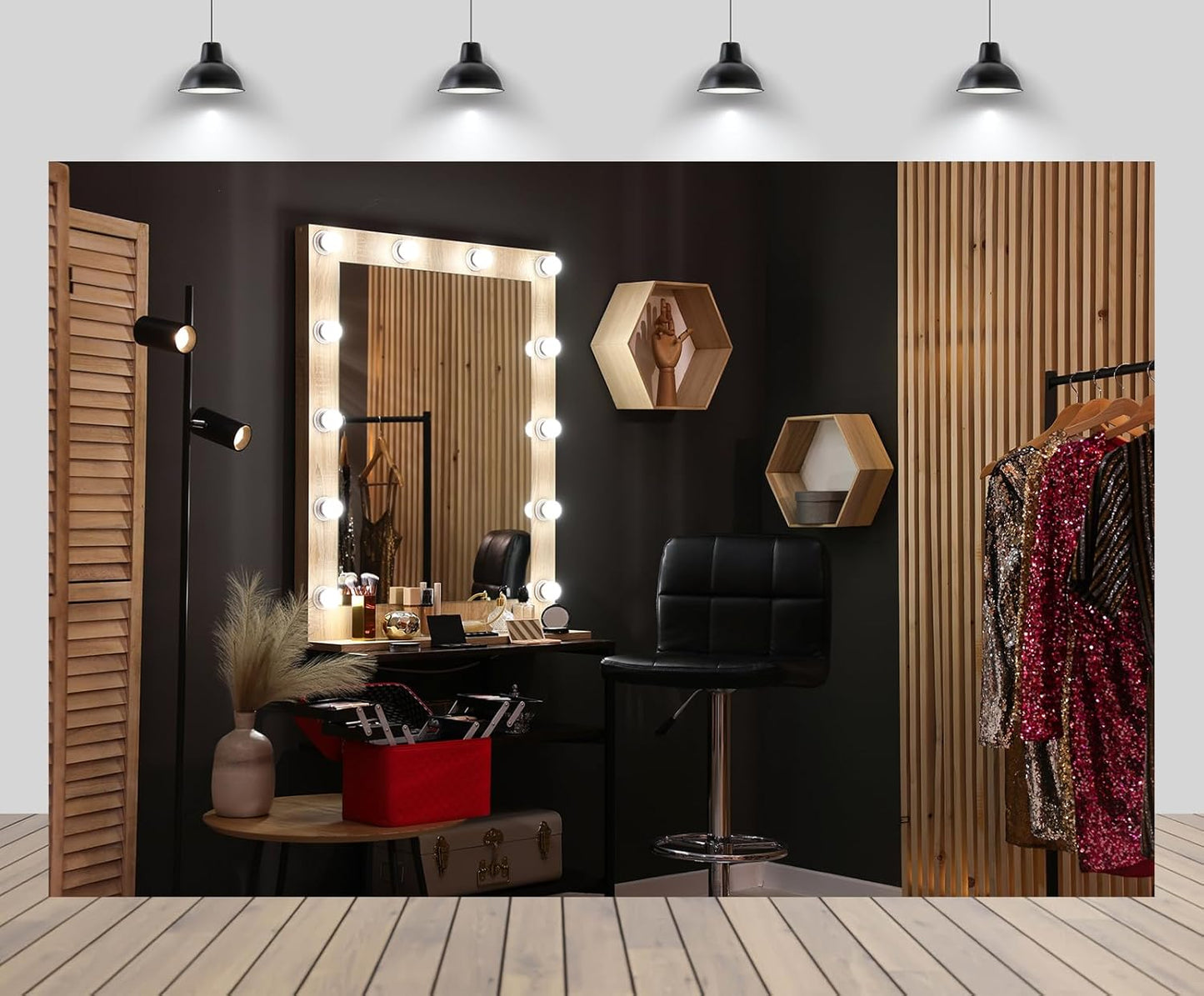 CHNYWORK 7ftx5ft Makeup Room Backdrop Stylish Dressing Table with Large Mirror Black Wall Background Professional Salon