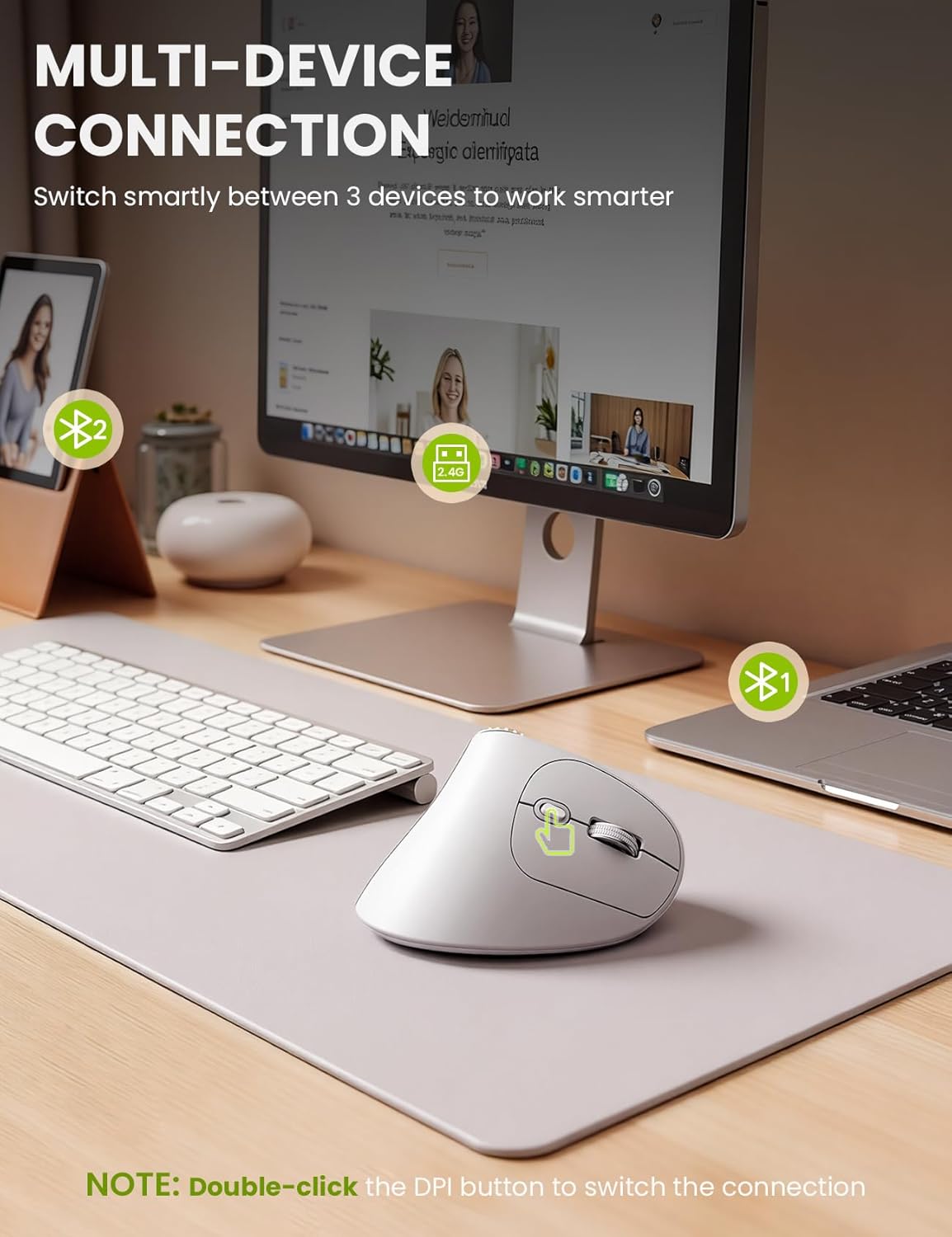 SABLUTE MAM51 3-in-1 4000 8 2.4Ghz/Bluetooth Ergonomic Mouse Wireless with Quick-Switch Scroll Wheel, Vertical Mouse