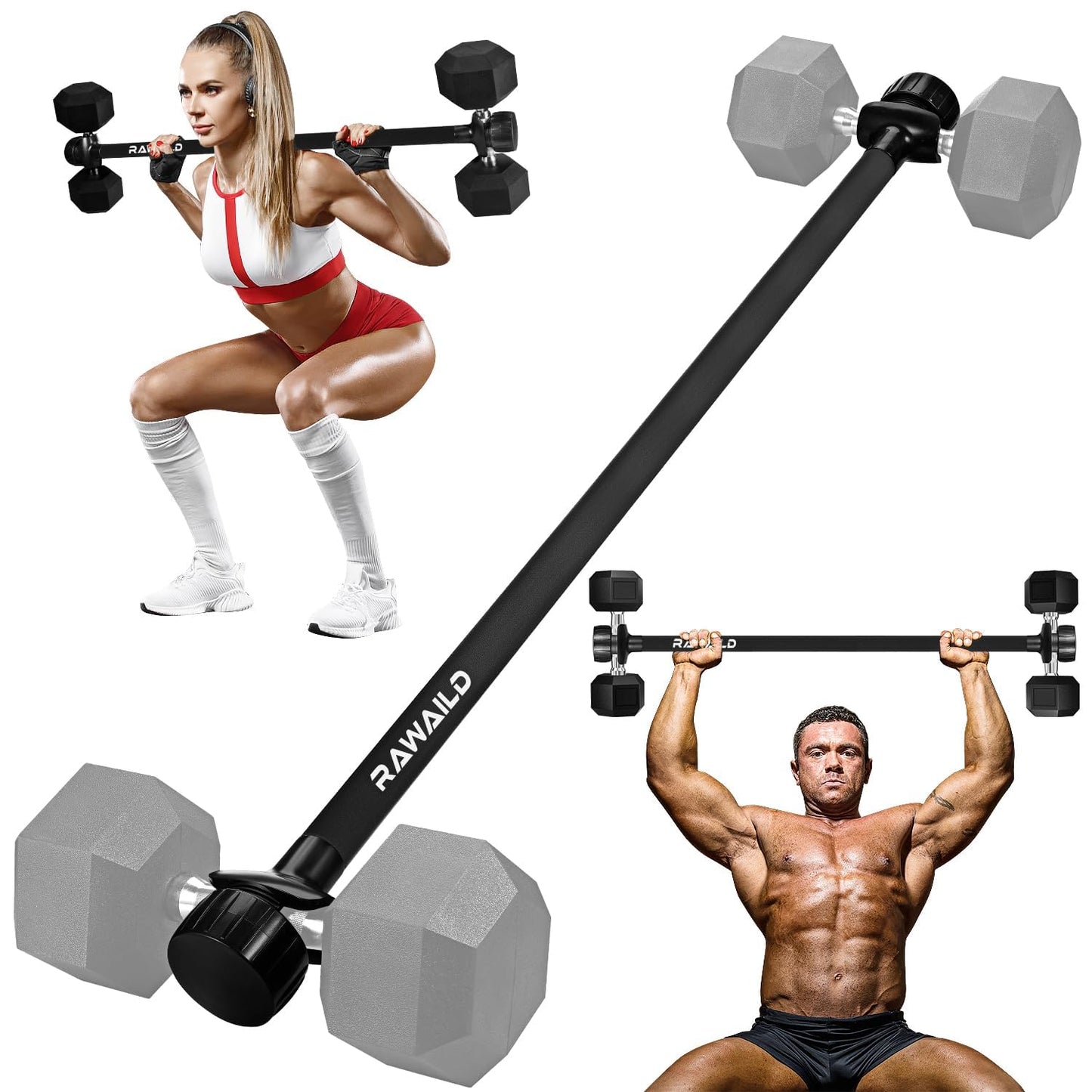 Dumbbell to Barbell Converter Bar - Adjustable Weight Bar for Home Gym, Converts Dumbbells to Barbell Set, 300lbs Capacity, Anti-Slip Foam Grip, Compatible with Standard Dumbbells