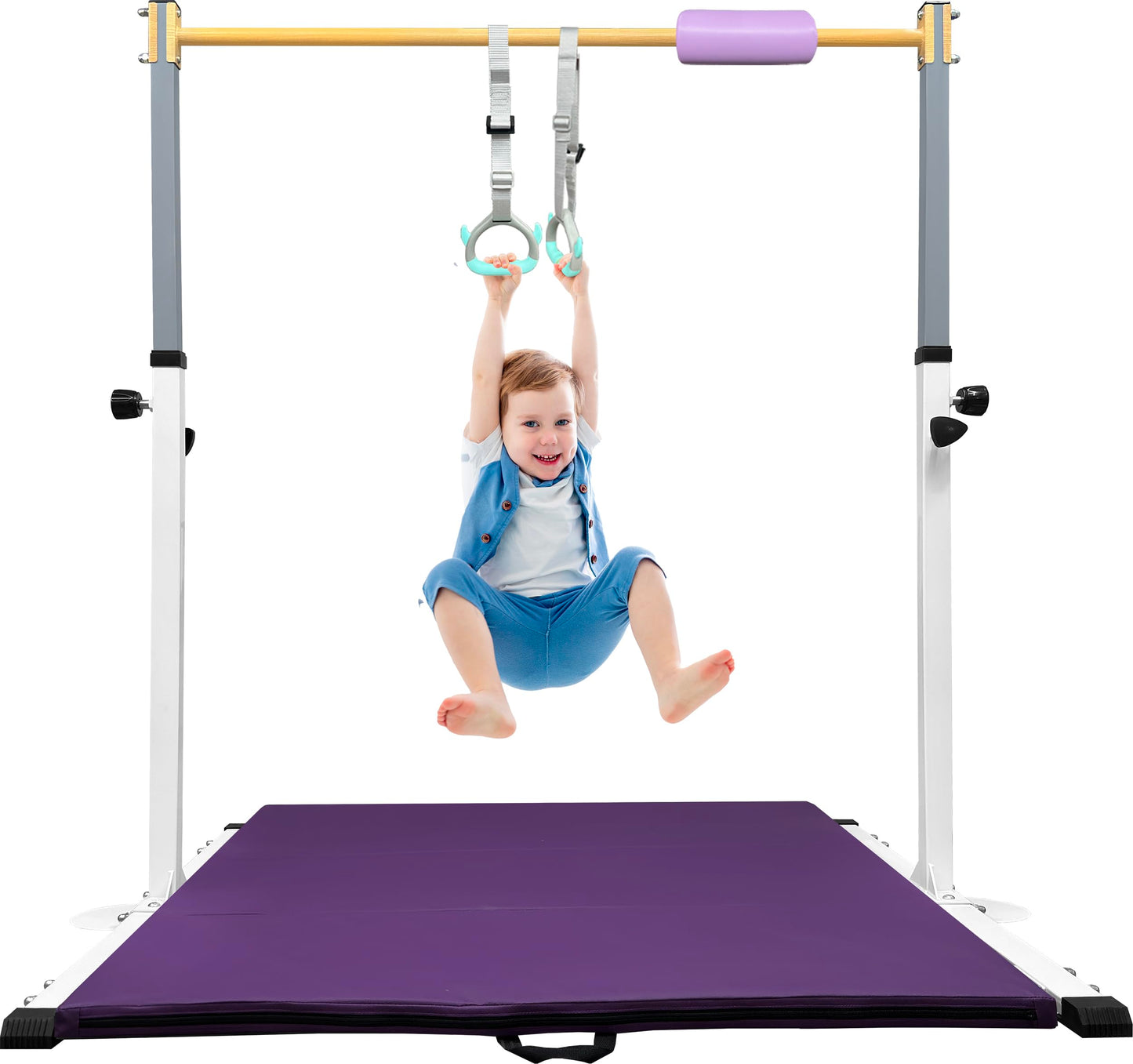 JOYSFIT Adjustable Gymnastics Bar for Kids with Mat - Sturdy Kip Bar with Rings, Horizontal Bar for Home Training, 3'-5' Height, Ages 3-15, 250 LBS Capacity, Easy Assembly.