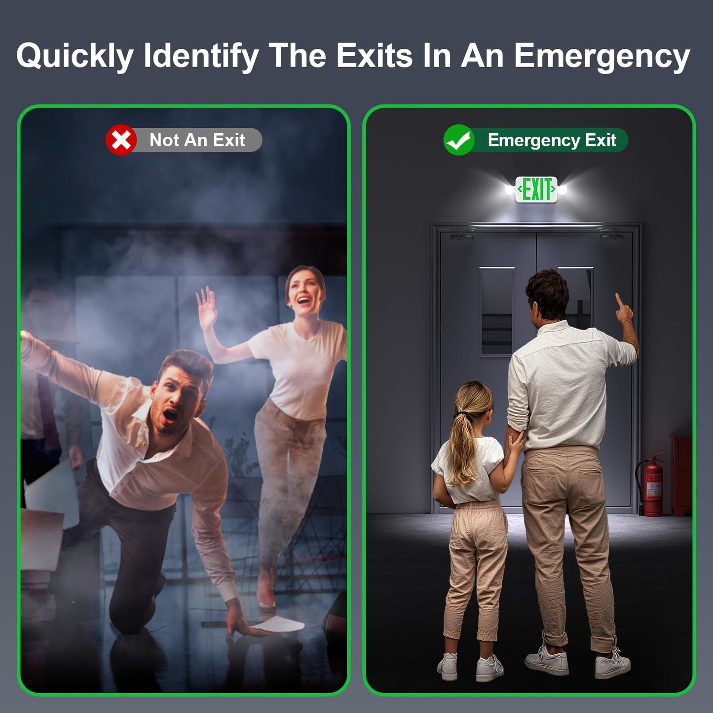 Led Exit Sign Emergency Light Combo Adjustable Two Head,Double Sided and Battery Backup Exit Light,Green Letter Hardwired Emergency Exit Sign,AC 120/277V,UL Listed,Ceiling&Wall Mount (6 Pack)