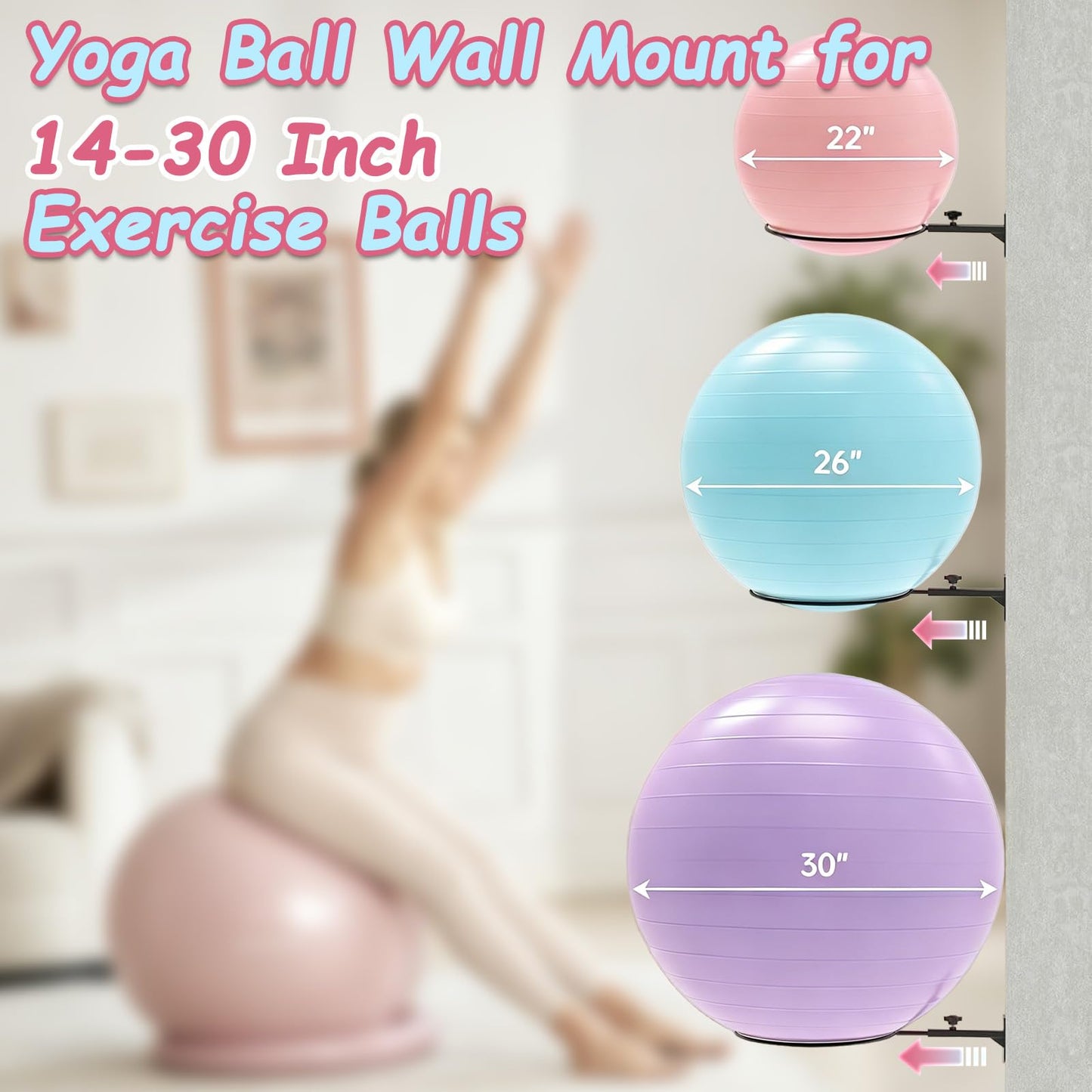 AILIBI Yoga Ball Wall Mount(2PCS), Adjustable Exercise Ball Holder,Compatible with 14 to 30 Inch Stability Ball, for Home Gym, Storage Room & Physical Therapy Clinic