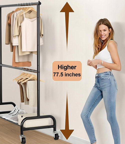 MISSLO Heavy Duty Clothing Rack - Adjustable Double Rod Garment Rack on Wheels | Black Metal Design