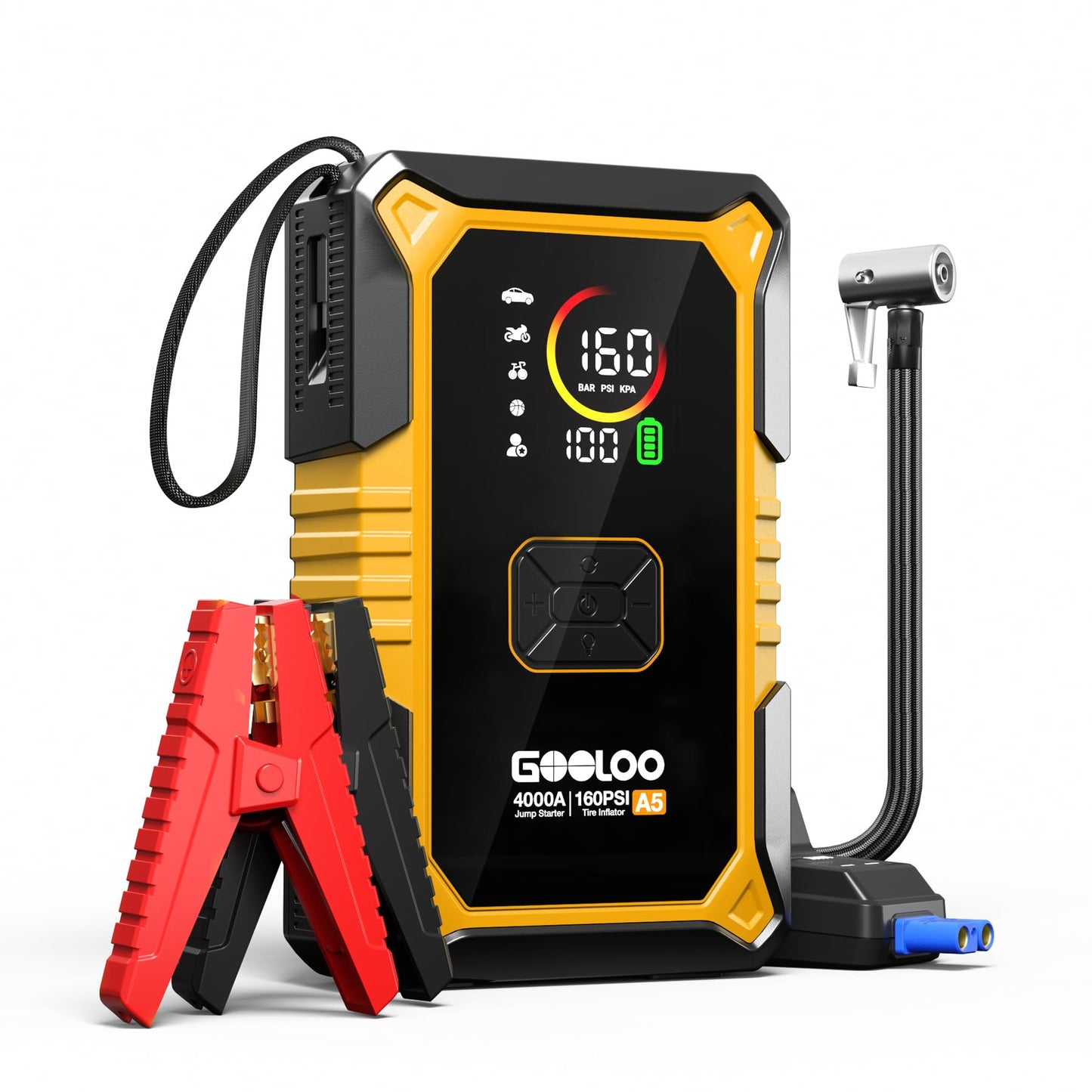GOOLOO A5 Car Jump Starter with Air Compressor, 4000A Portable Car Jump Starter (All Gas/10.0L Diesel) with 160PSI Auto-Off Tire Inflator, 45W PD Fast Charging,12V Battery Jumper Starter Portable