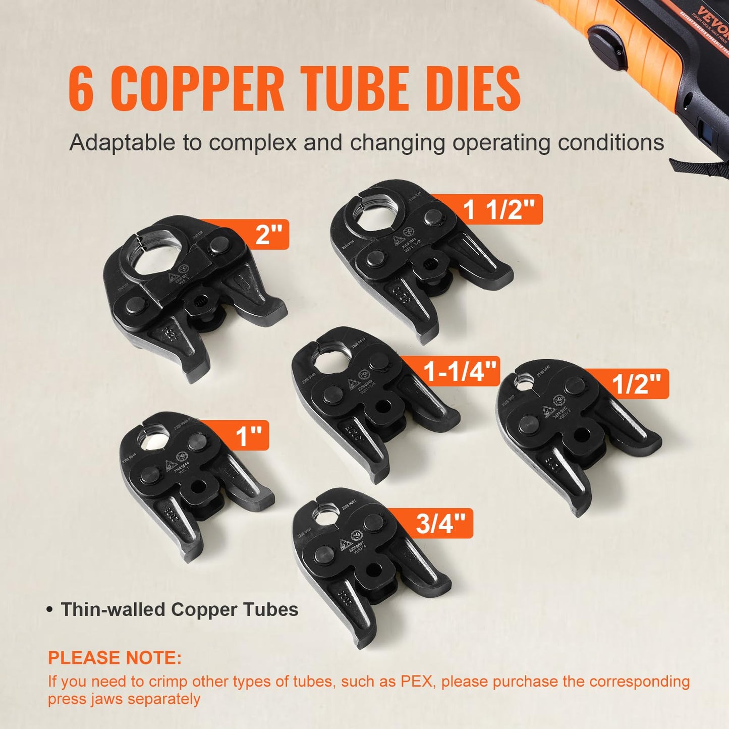 VEVOR Press Tool, 18V Electric Pipe Crimping Tool for 1/2" to 2" Copper Pipes, Press Kit with 6 VUS Jaws, 2pcs 4AH Battery, Fast Charger & Carrying Case