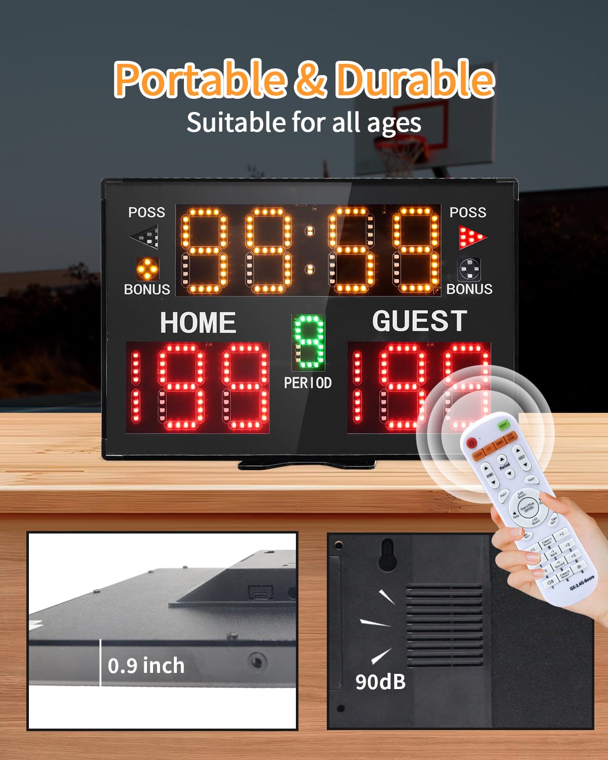 GAN XIN Basketball Digital Scoreboard with Remote,Battery Powered Portable Tabletop Electronic Scoreboard with 75dB Buzzer,Countdown Timer & Score for Games (Black,with Battery)
