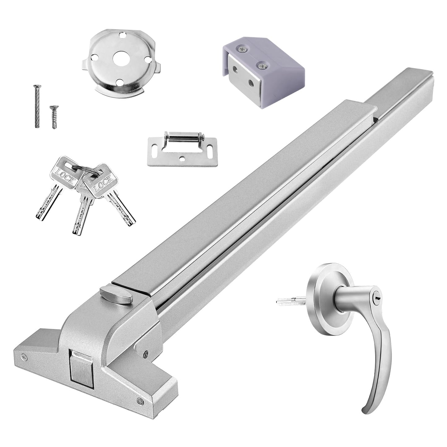 Commercial Door Push Bar Panic Exit Device with Exterior Lever - 31.5”/80cm Stainless Steel Panic Bars for Exit Doors, Emergency Exit Panic Door Hardware for 32”-48” Wood Metal Door, Silver