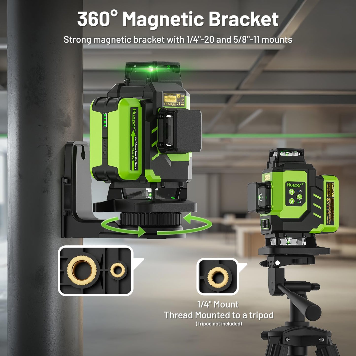 Huepar Laser Level 360 Self Leveling, Rechargeable Green Laser 4x360° Cross Line Lazer Leveler 4D Level Laser Tool for Construction with Two Li-ion Batteries, Magnetic Bracket &Hard Carry Case -LS04CG