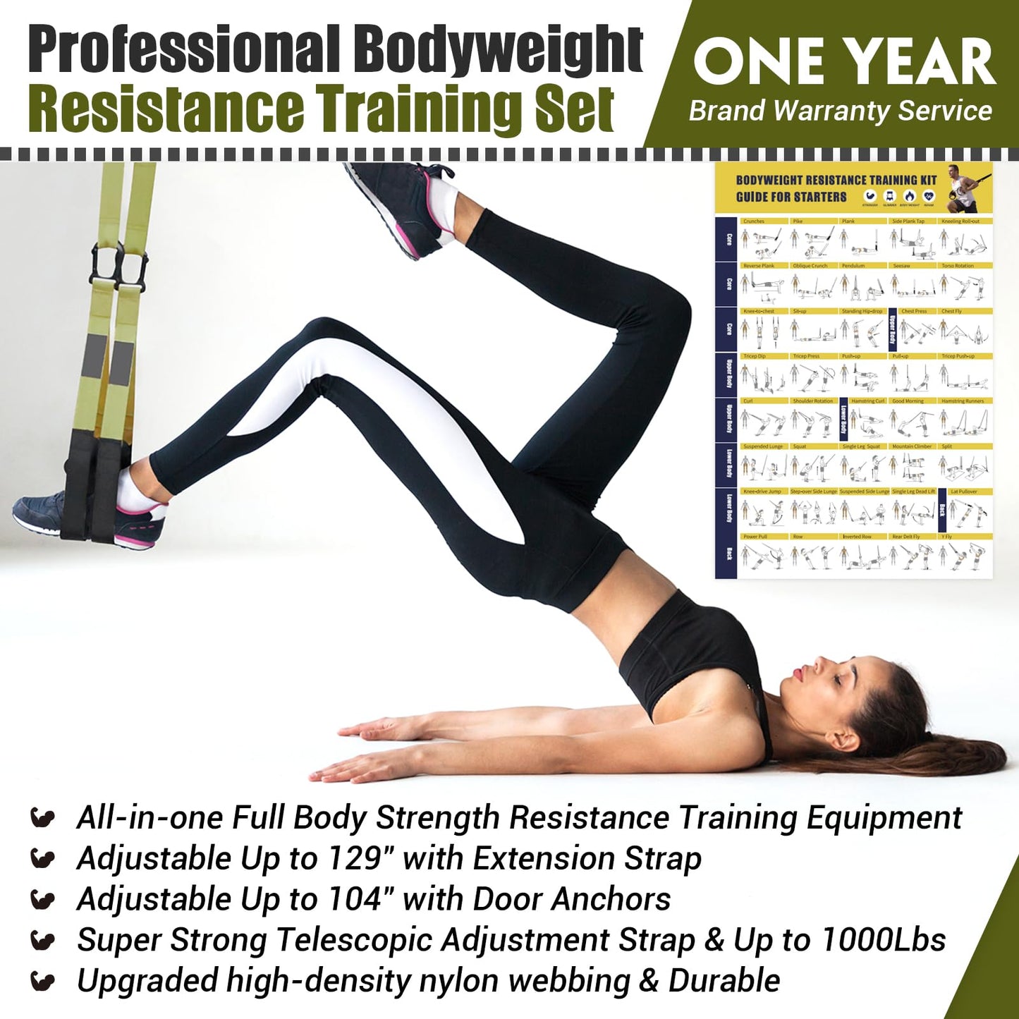 Home Resistance Training Kit, Resistance Trainer Exercise Straps with Handles, Door Anchor and Carrying Bag for Home Gym, Bodyweight Resistance Workout Straps for Indoor & Outdoor (Green)